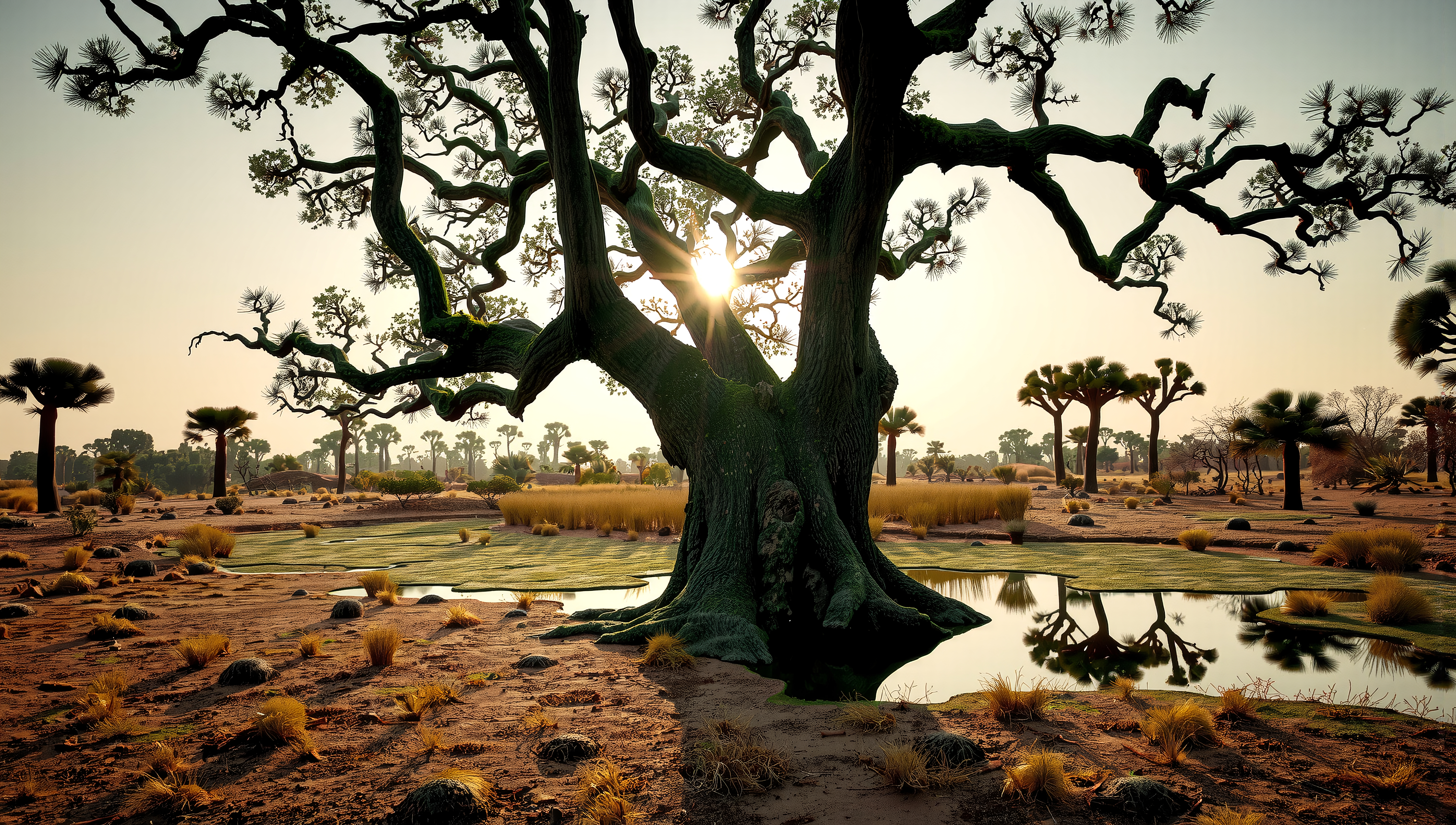 The image shows a large tree silhouetted by sunlight, reflected in a desert water body.