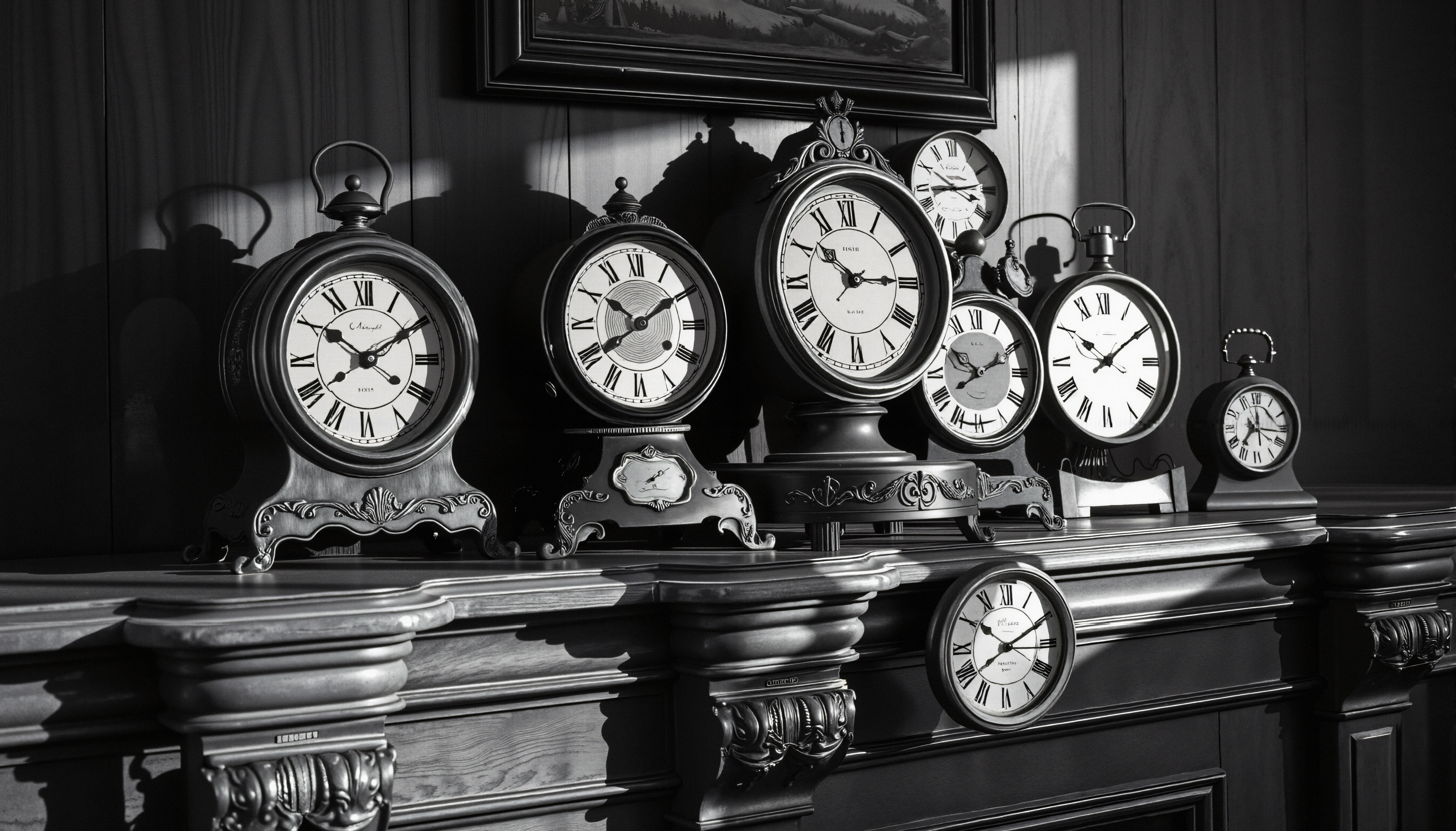Vintage Clocks on Wooden Mantle