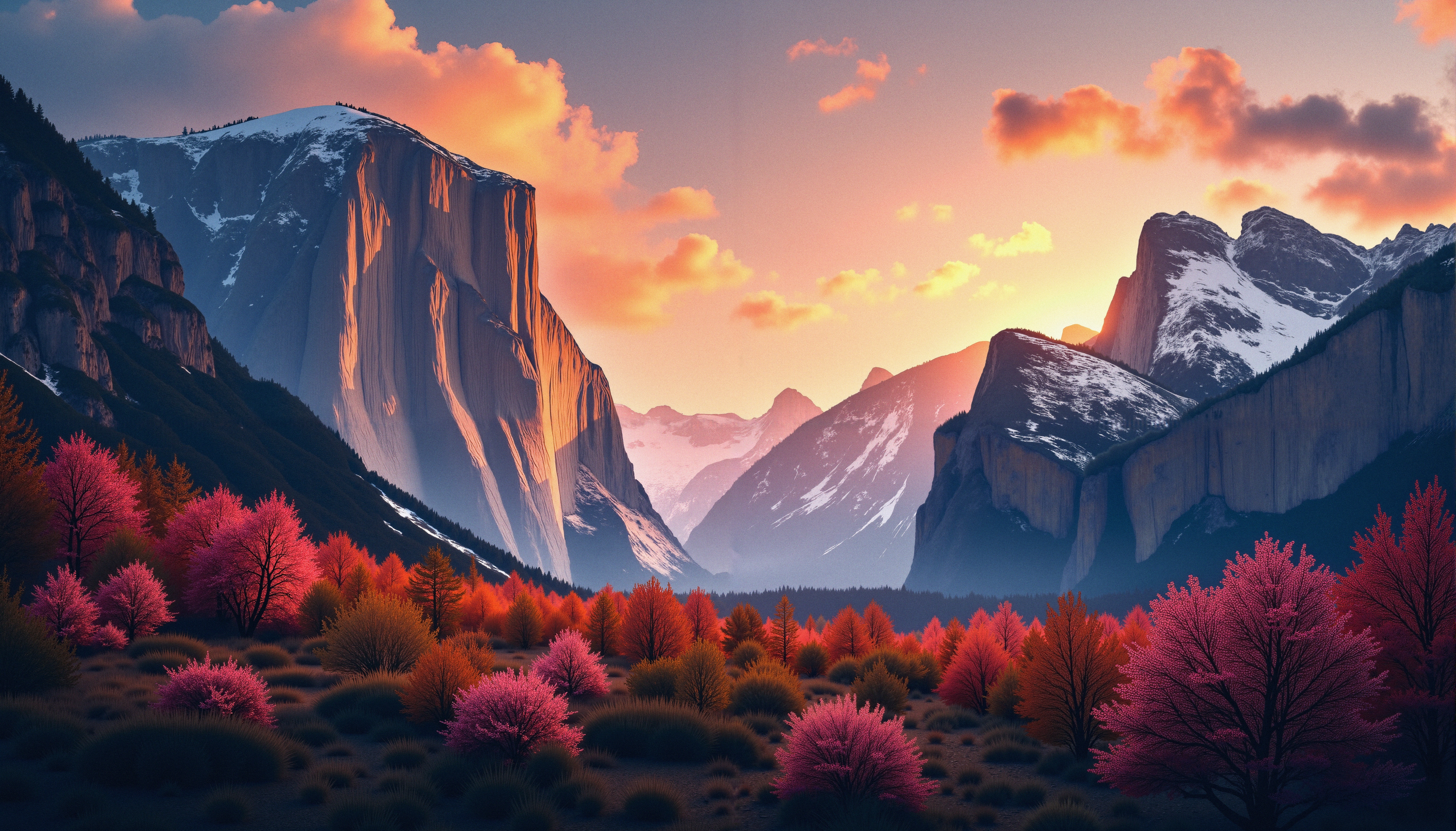 A stunning sunset over snow-capped mountains with vibrant, colorful trees in the foreground.