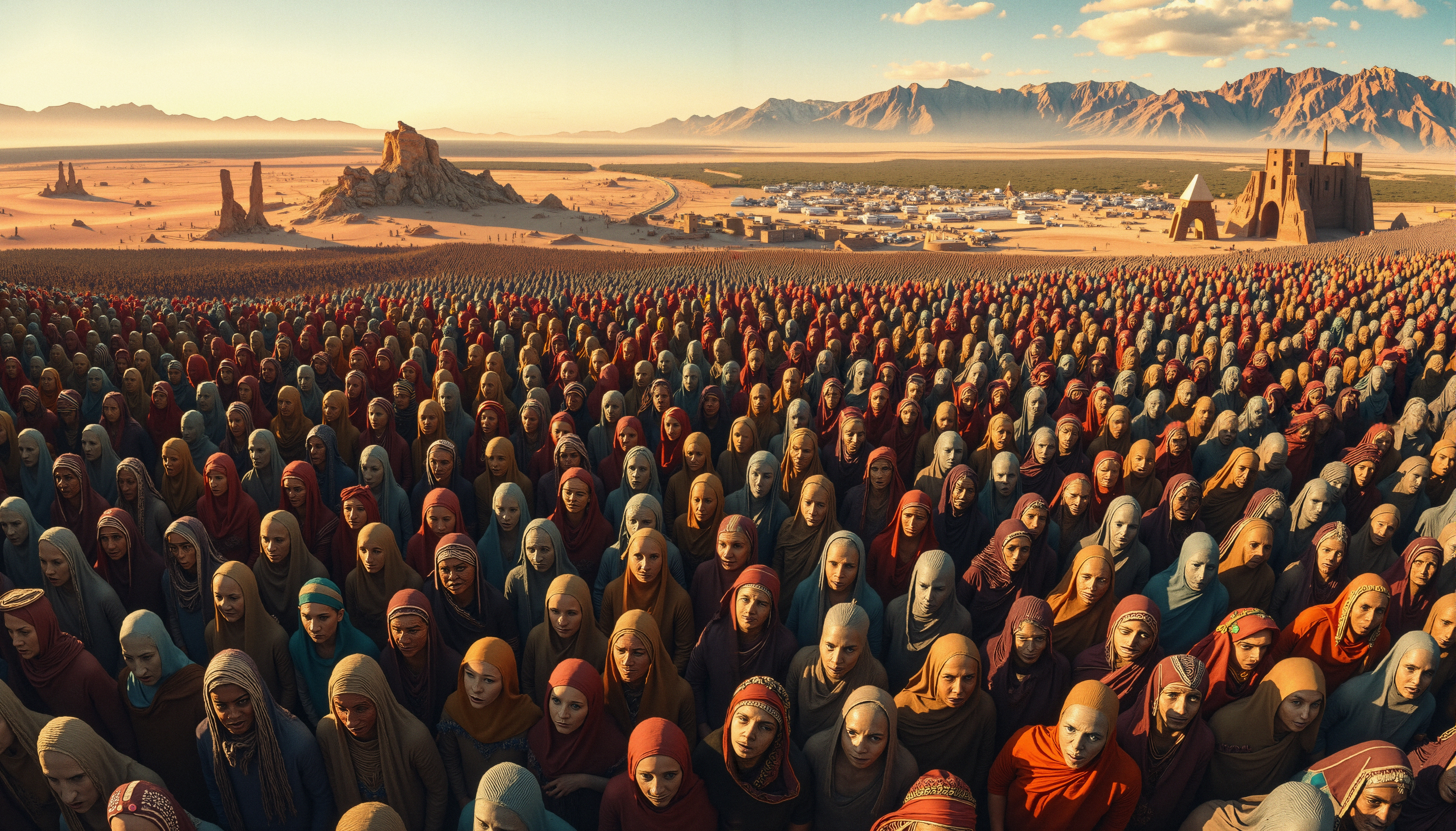 An expansive crowd dressed in colorful clothing stands in a vast desert landscape with a distant mountain range and ancient structures on the horizon.
