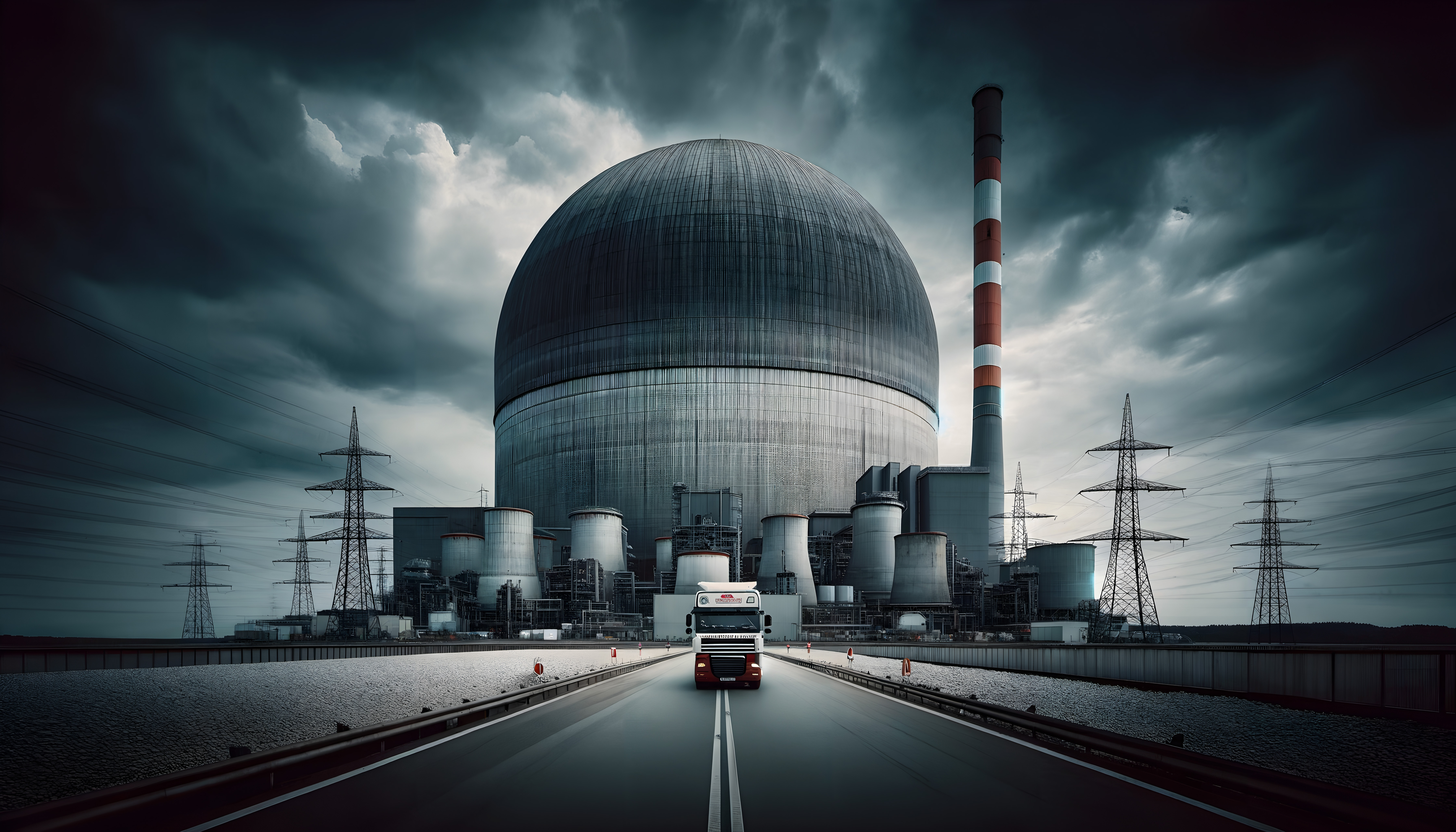 A large truck approaches a nuclear power plant under a stormy sky, highlighting the facility's massive industrial architecture.