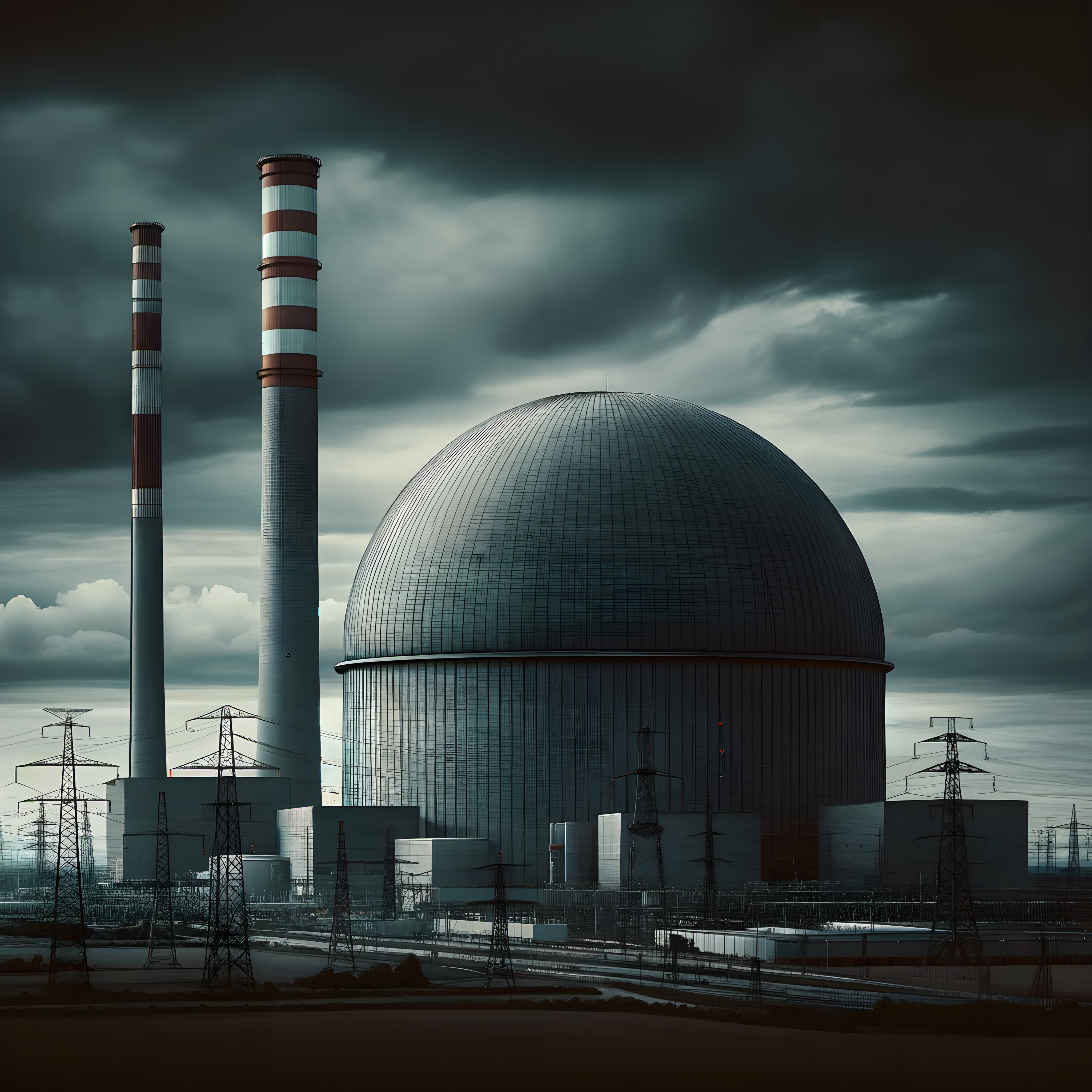 Image of a large industrial facility with a massive spherical building and chimneys under a dramatic, cloudy sky.