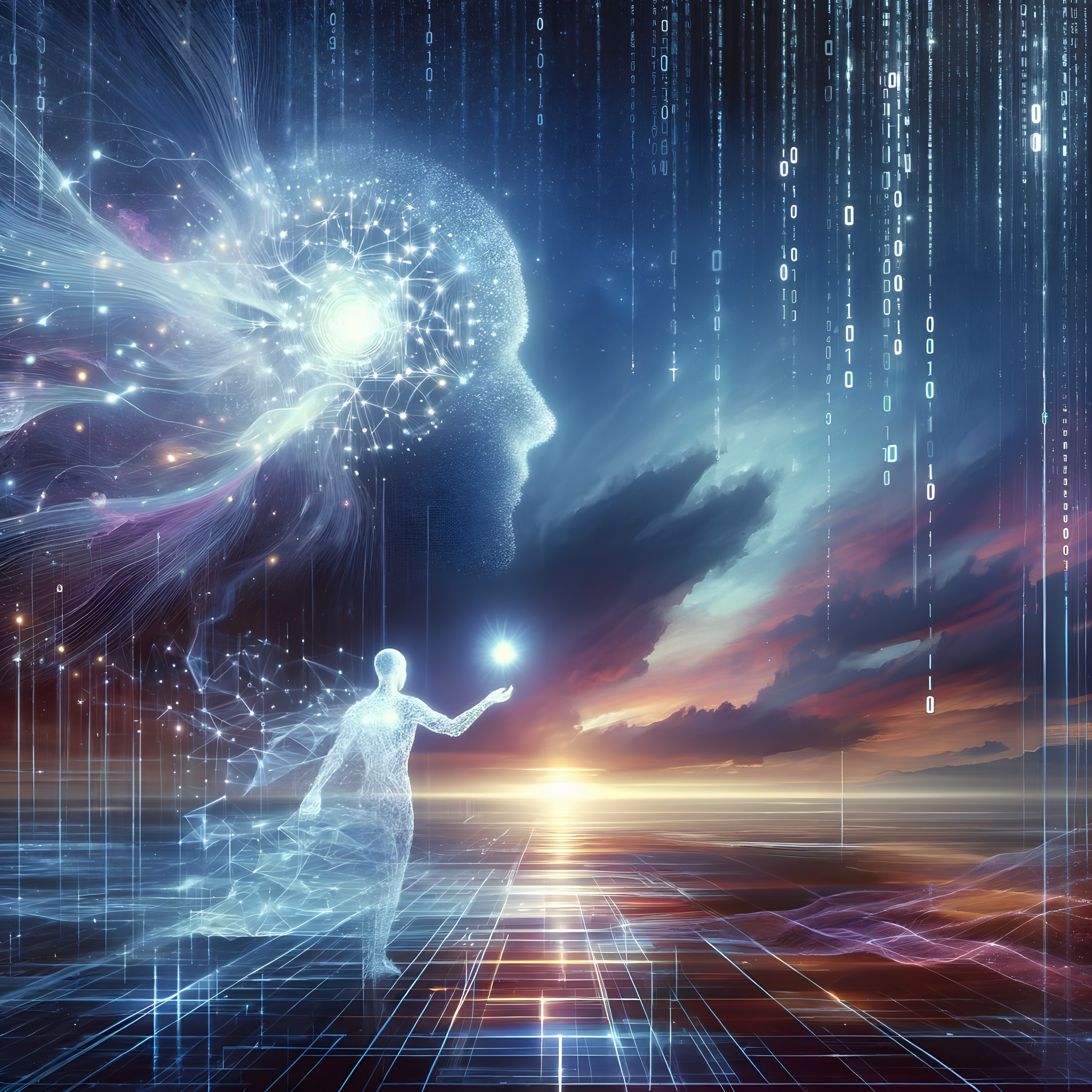 Translucent figure reaching glowing orb amidst digital sky.