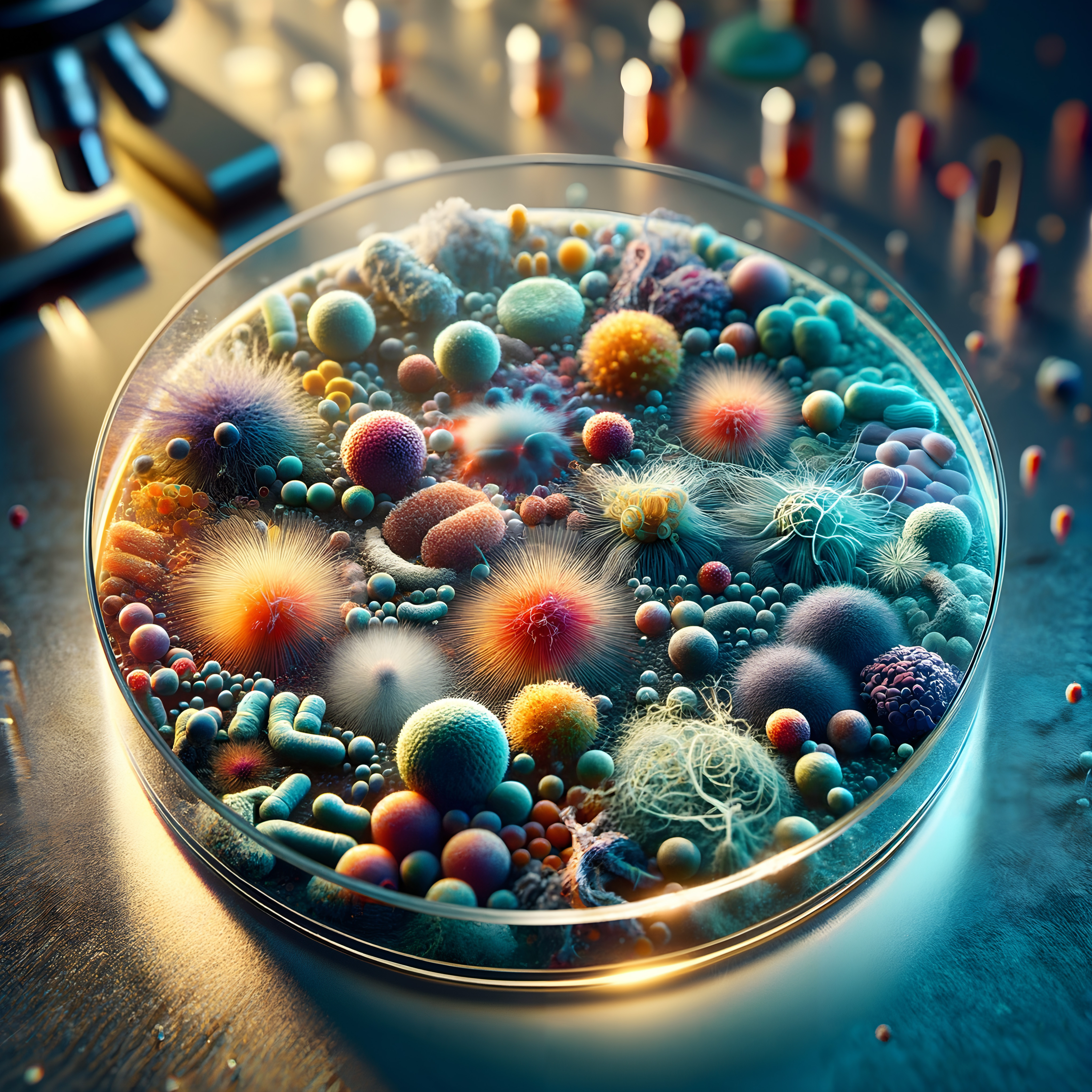 Vibrant microorganisms in colorful abstract petri dish.
