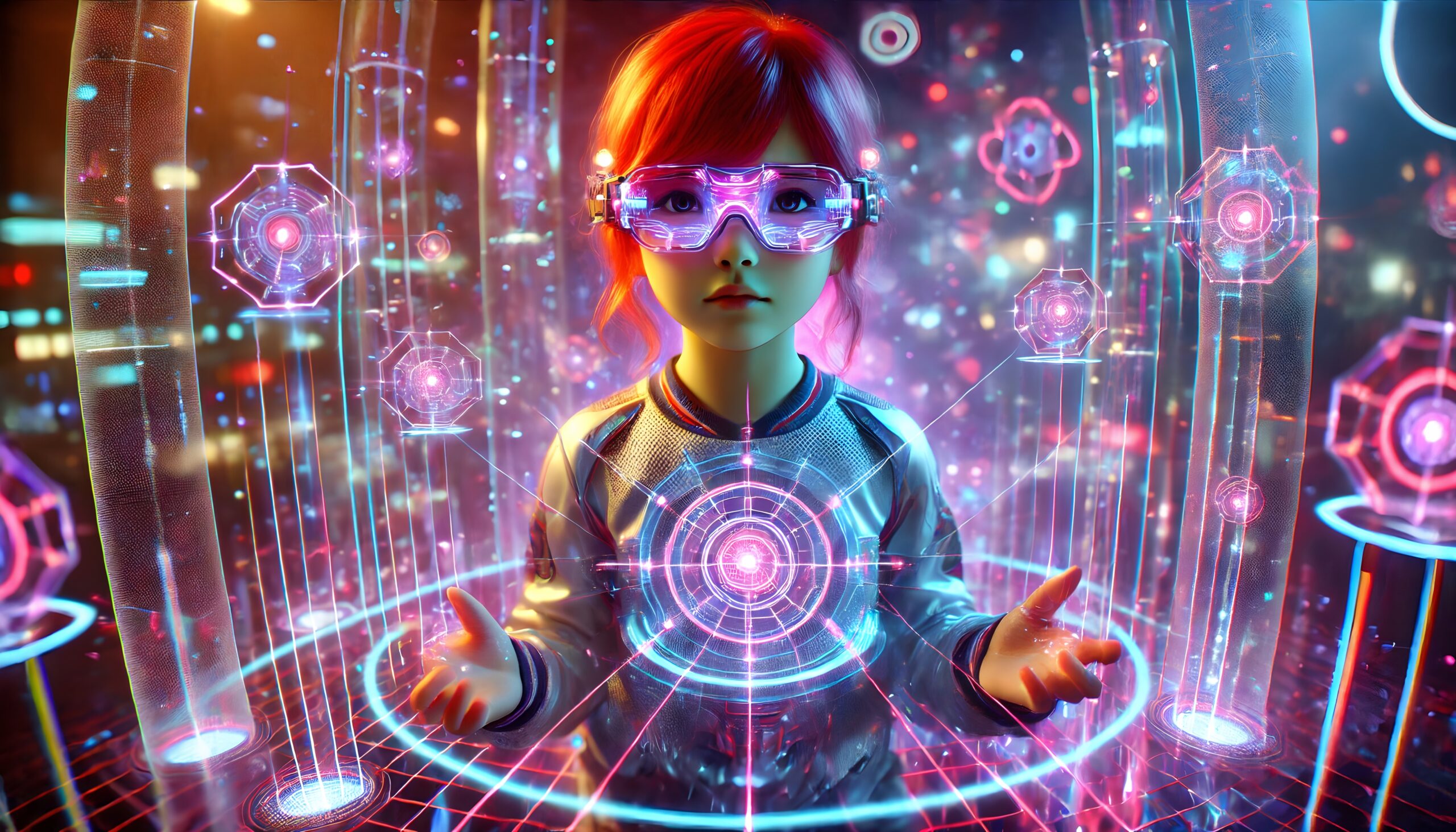 Young girl in futuristic setting with neon-lit holograms and transparent goggles.
