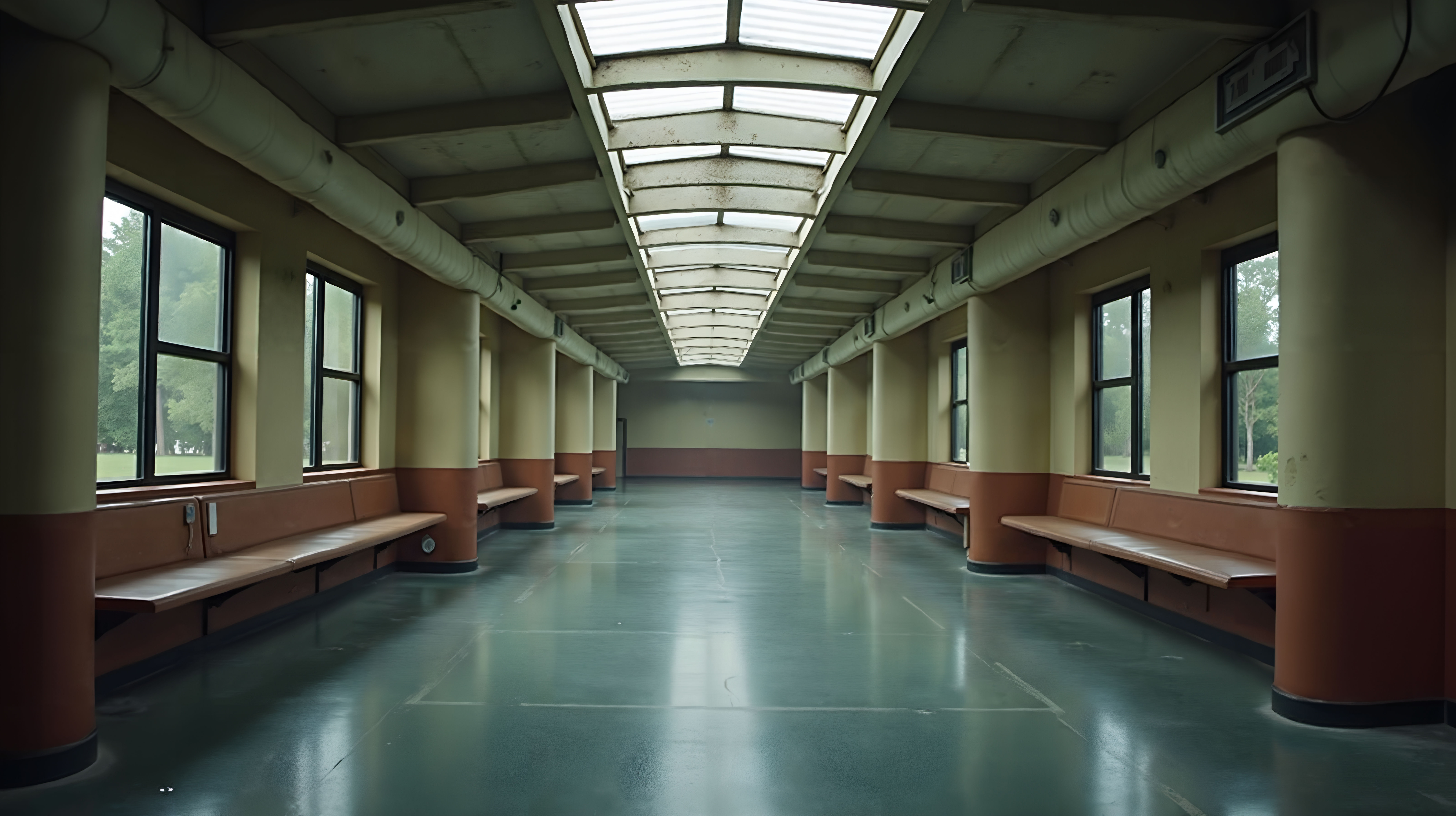 A spacious, symmetrical corridor with skylights and benches.