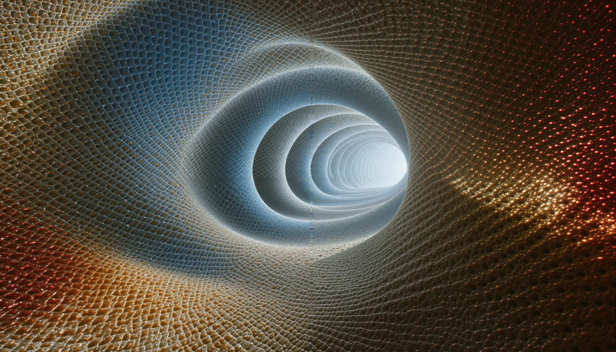 Tunnel with glowing grid pattern, creating depth.