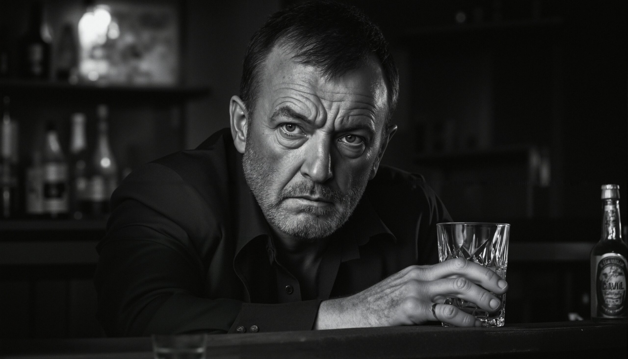 A contemplative man holds a drink at a dimly lit bar, surrounded by blurred bottles, in a black and white portrait.