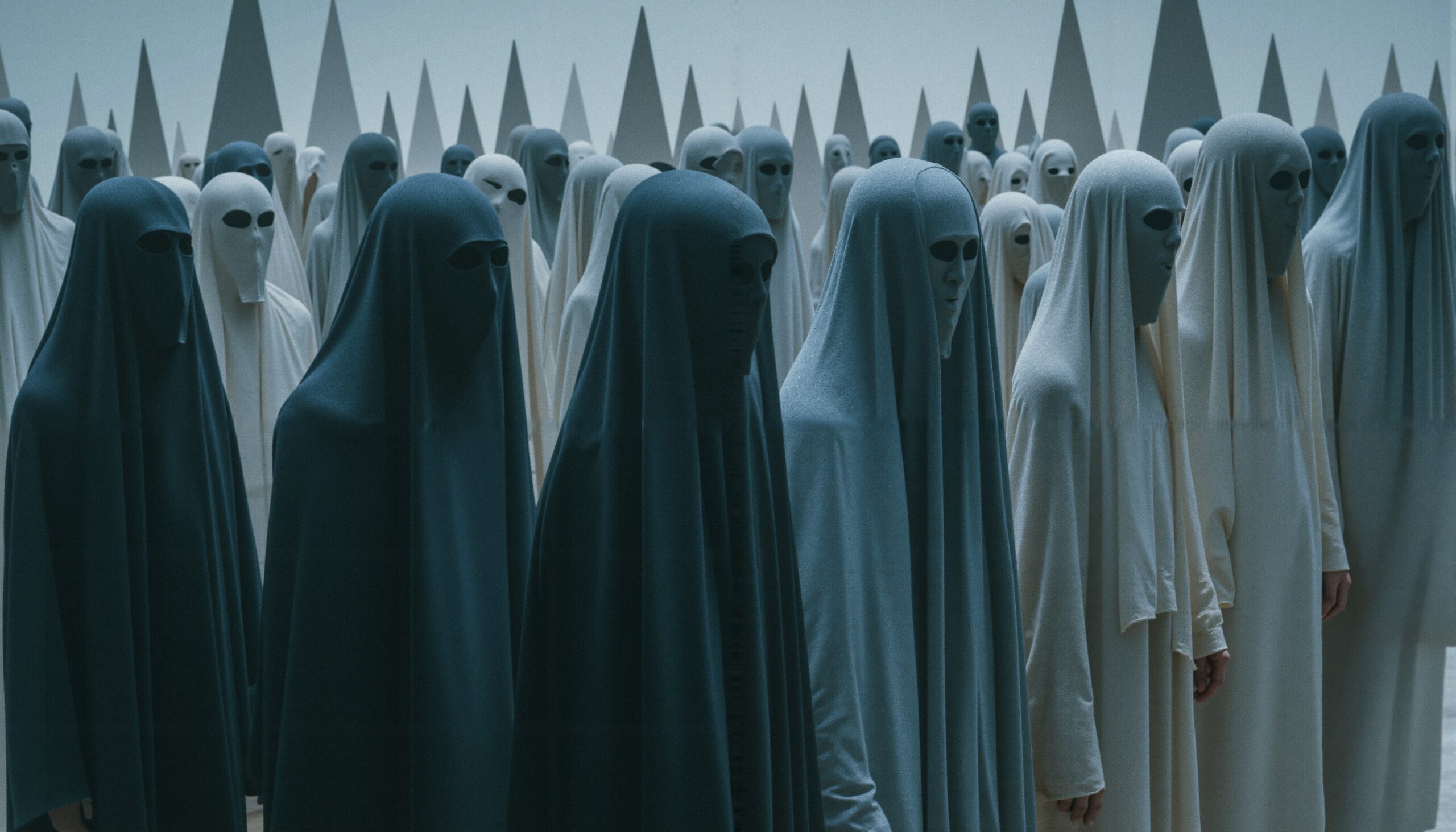 A group of shrouded figures in masks standing in front of geometric structures, depicting themes of anonymity and uniformity.