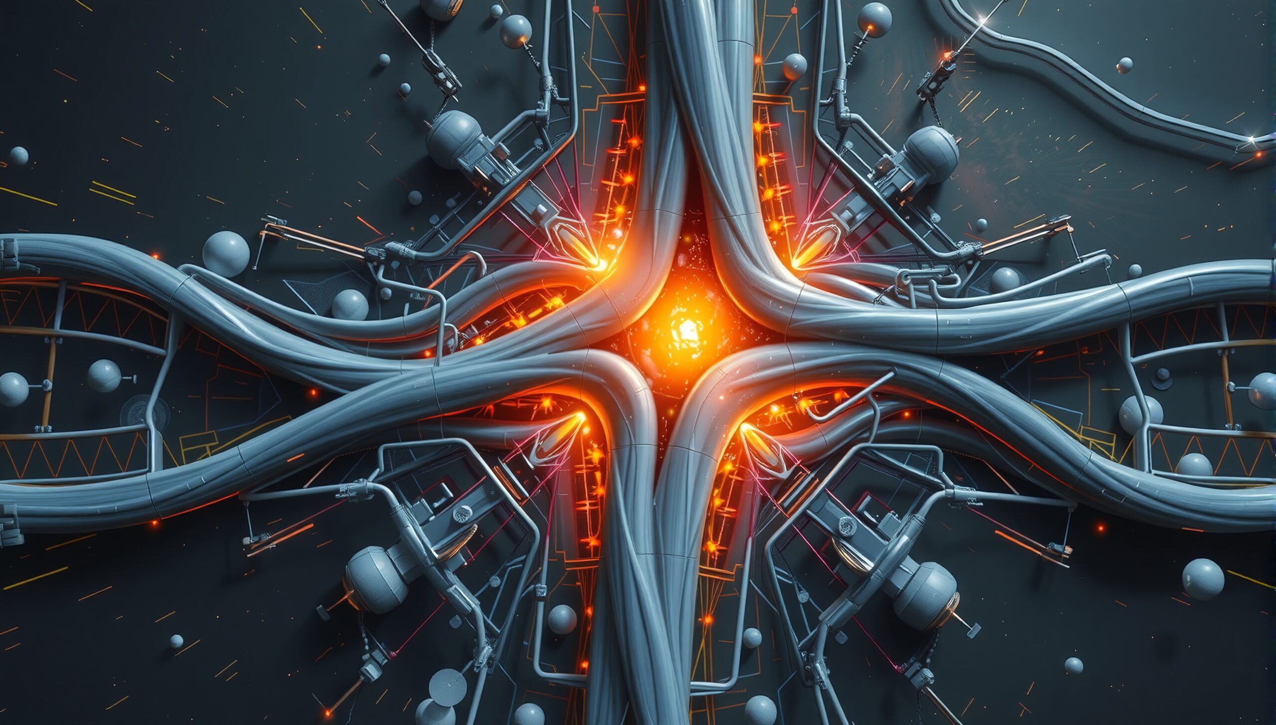 Intricate network of futuristic cables surrounding a glowing core.