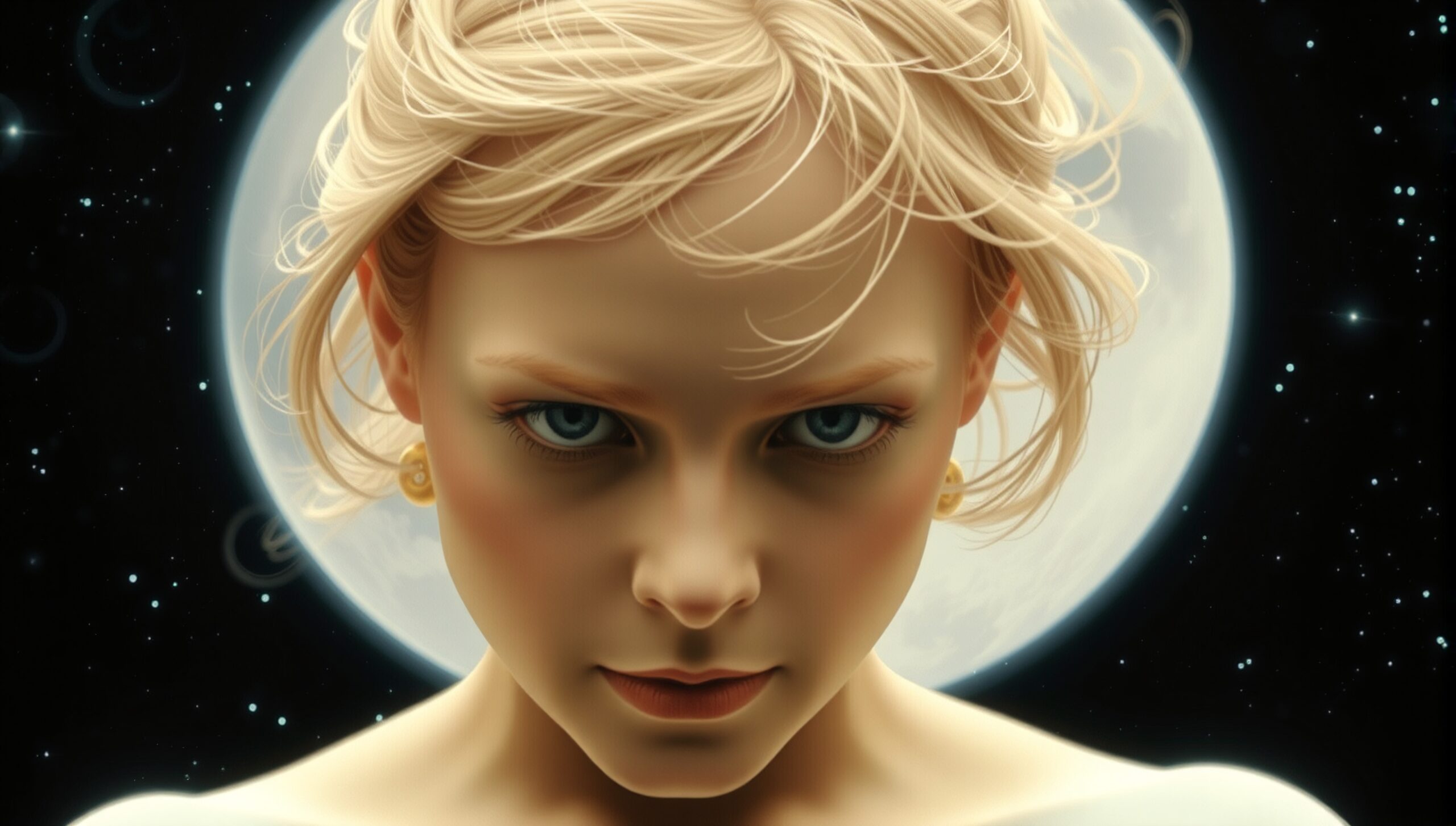 A captivating portrait of a woman with an intense gaze, framed by the moon and stars.