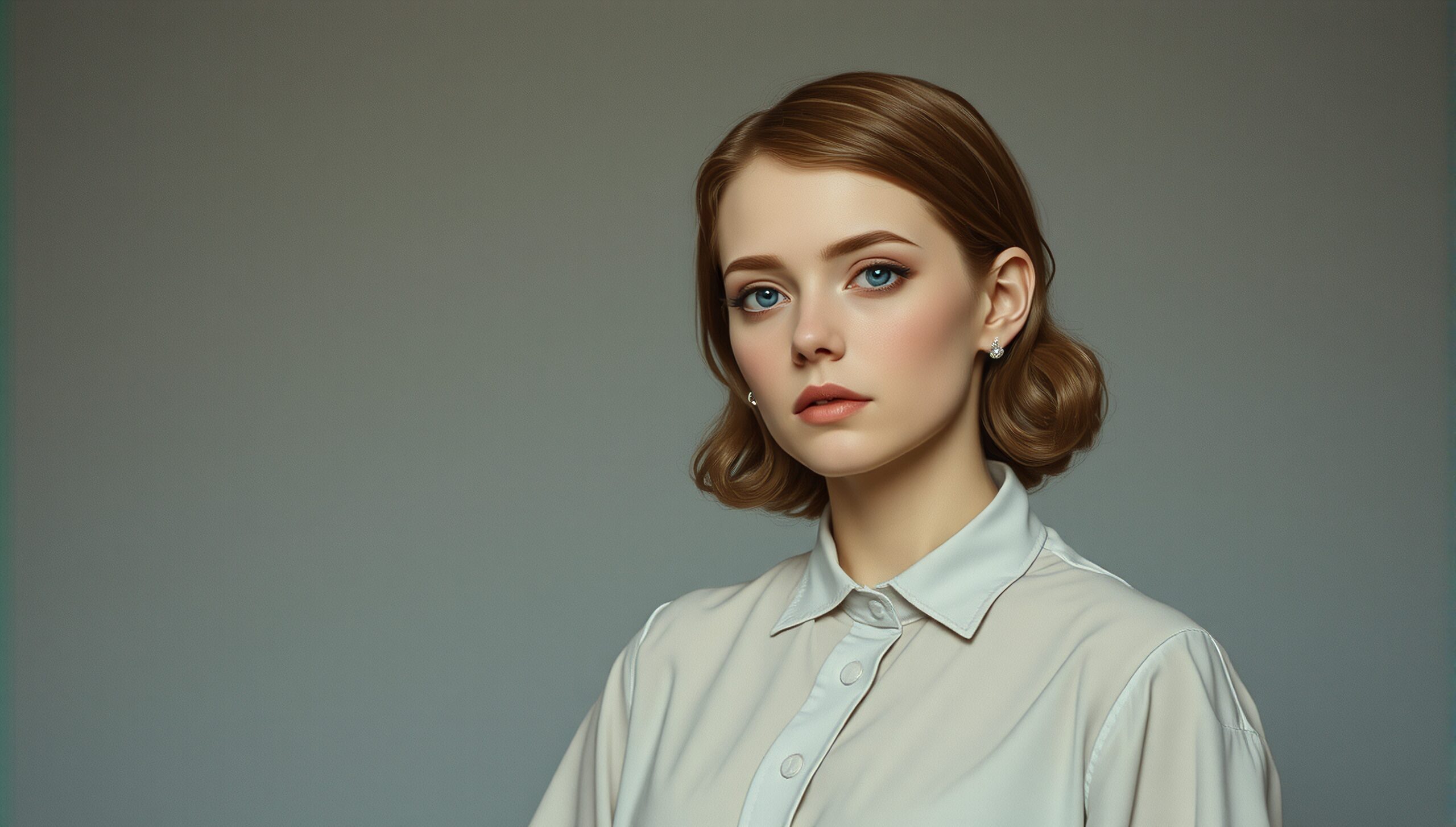 Elegant portrait of a woman with blue eyes, short hair, and a white blouse against a neutral gray background.