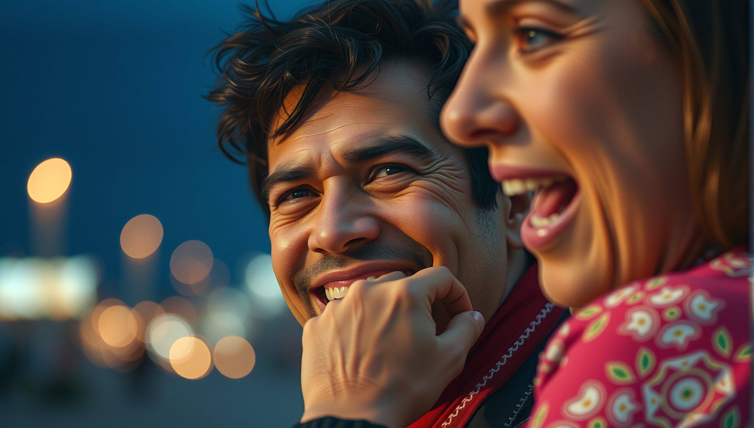 Two people laughing warmly outdoors in the evening against blurred city lights.