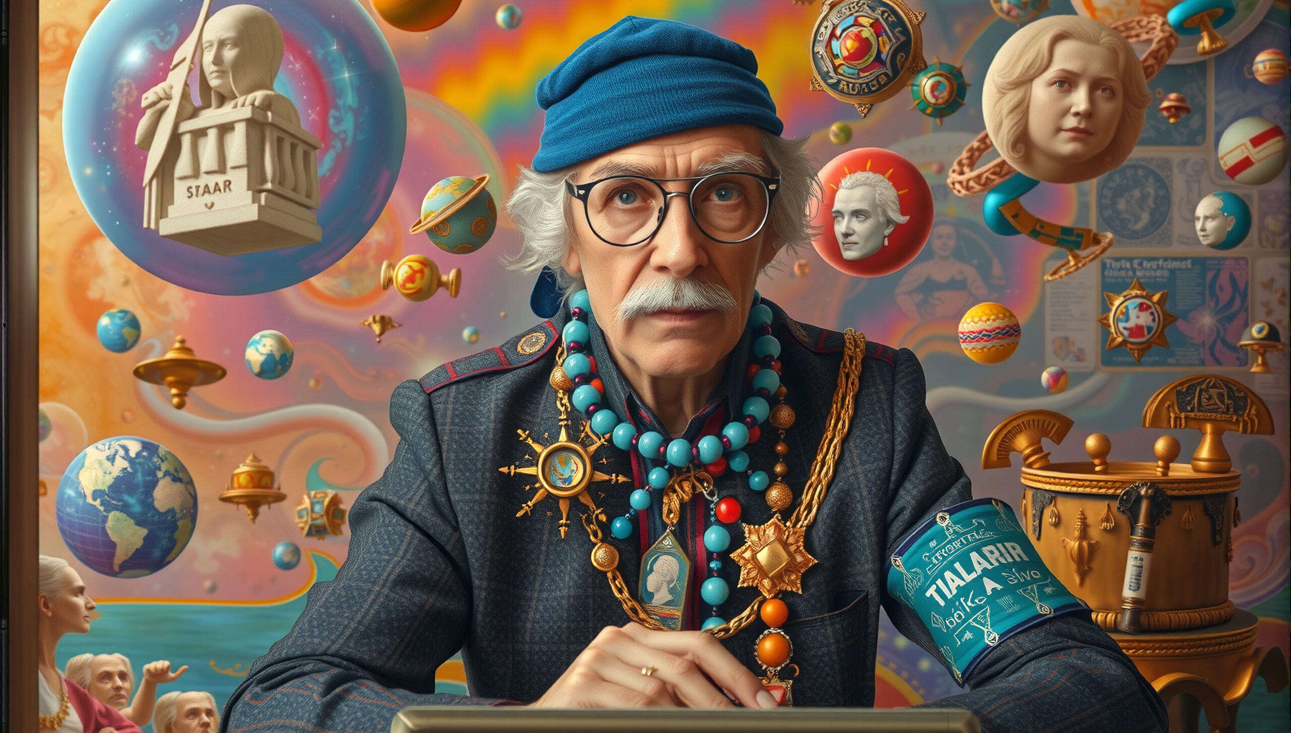 Surreal portrait of an eccentric man surrounded by floating cosmic elements in a colorful, psychedelic setting.