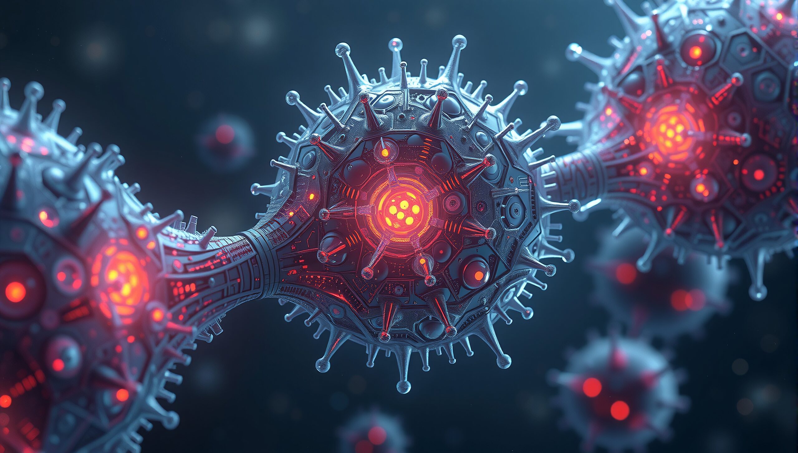 Digital rendering of a futuristic virus with glowing red cores and intricate high-tech patterns.