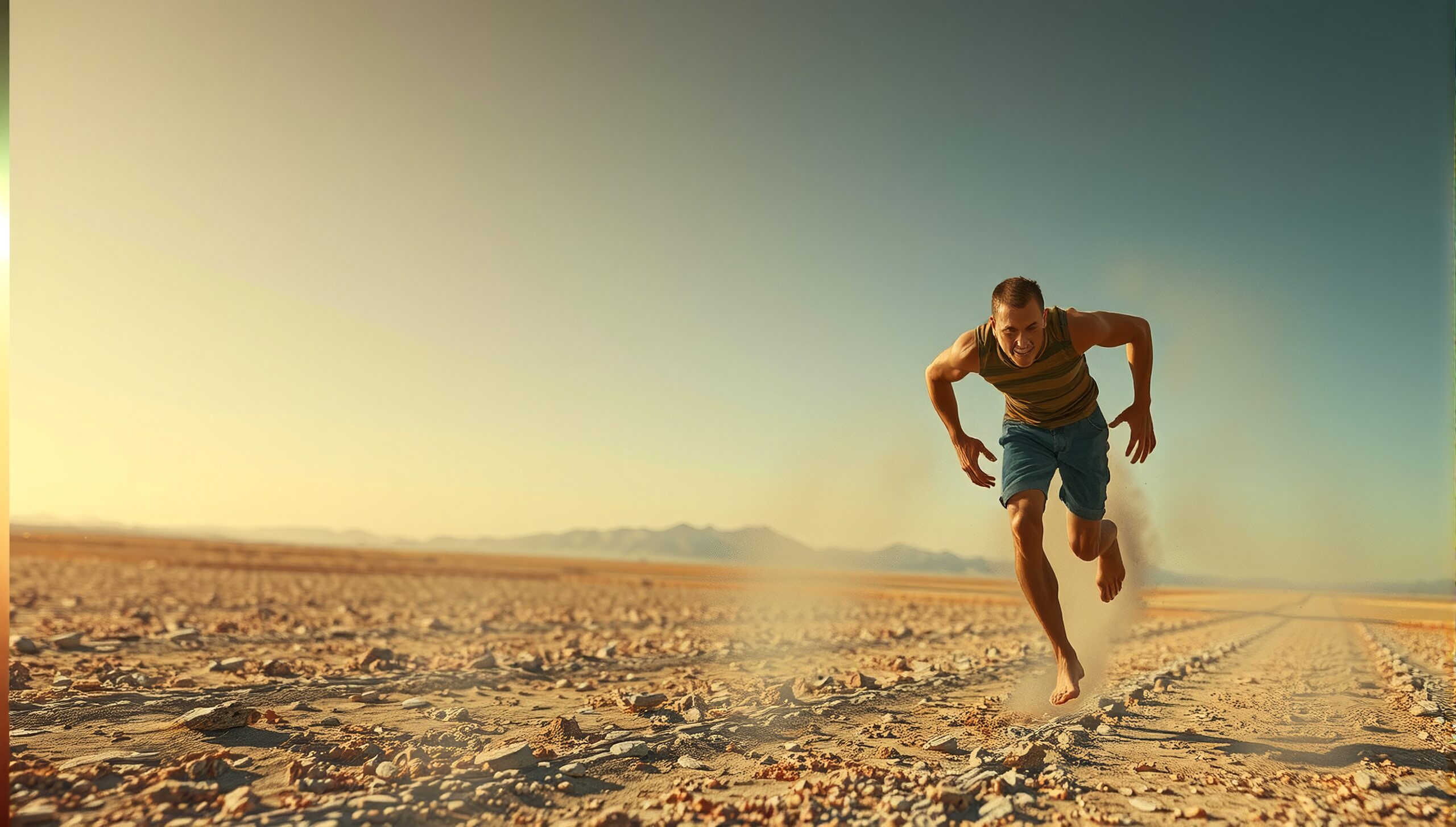 A man runs barefoot across a vast, rocky desert landscape under a clear sky.