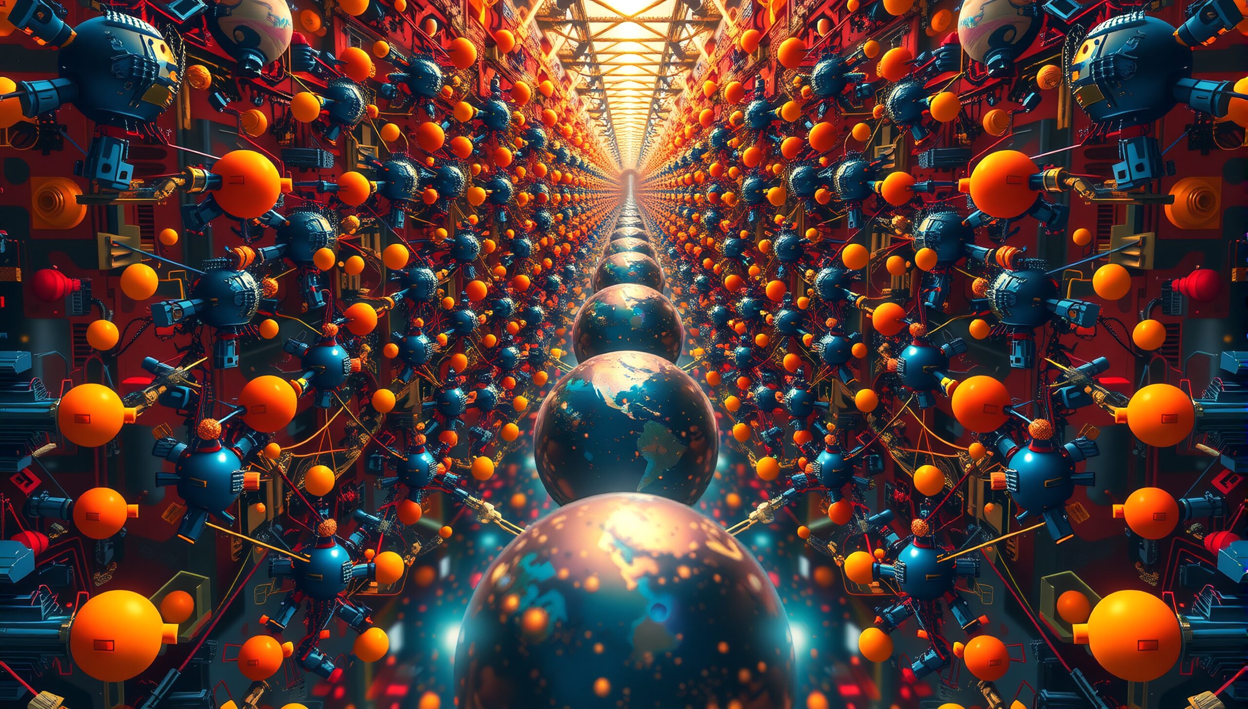 A futuristic landscape of symmetrical spheres and complex technology.
