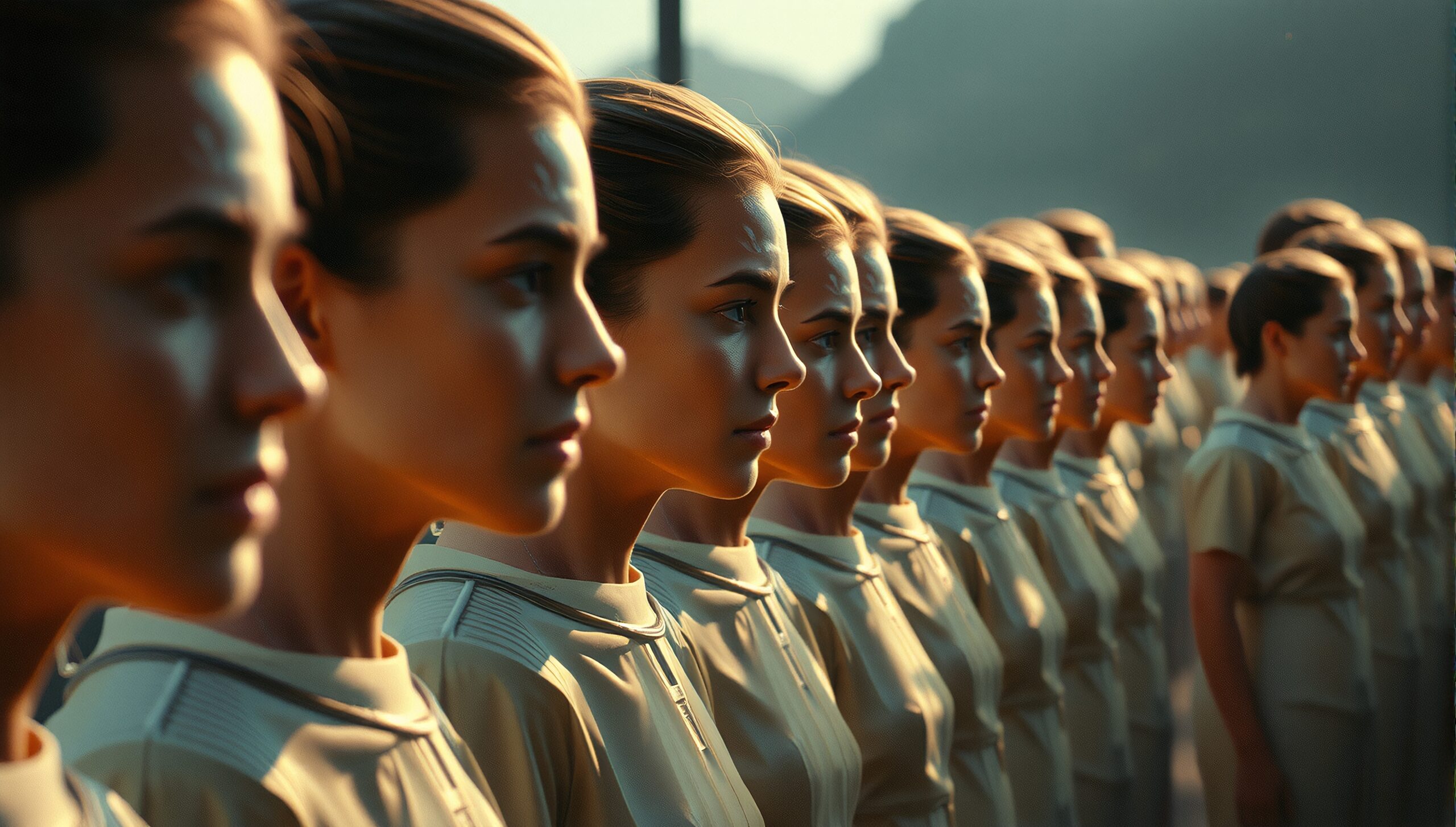 A line of individuals in cream uniforms stand in profile, creating a serene, ordered scene.
