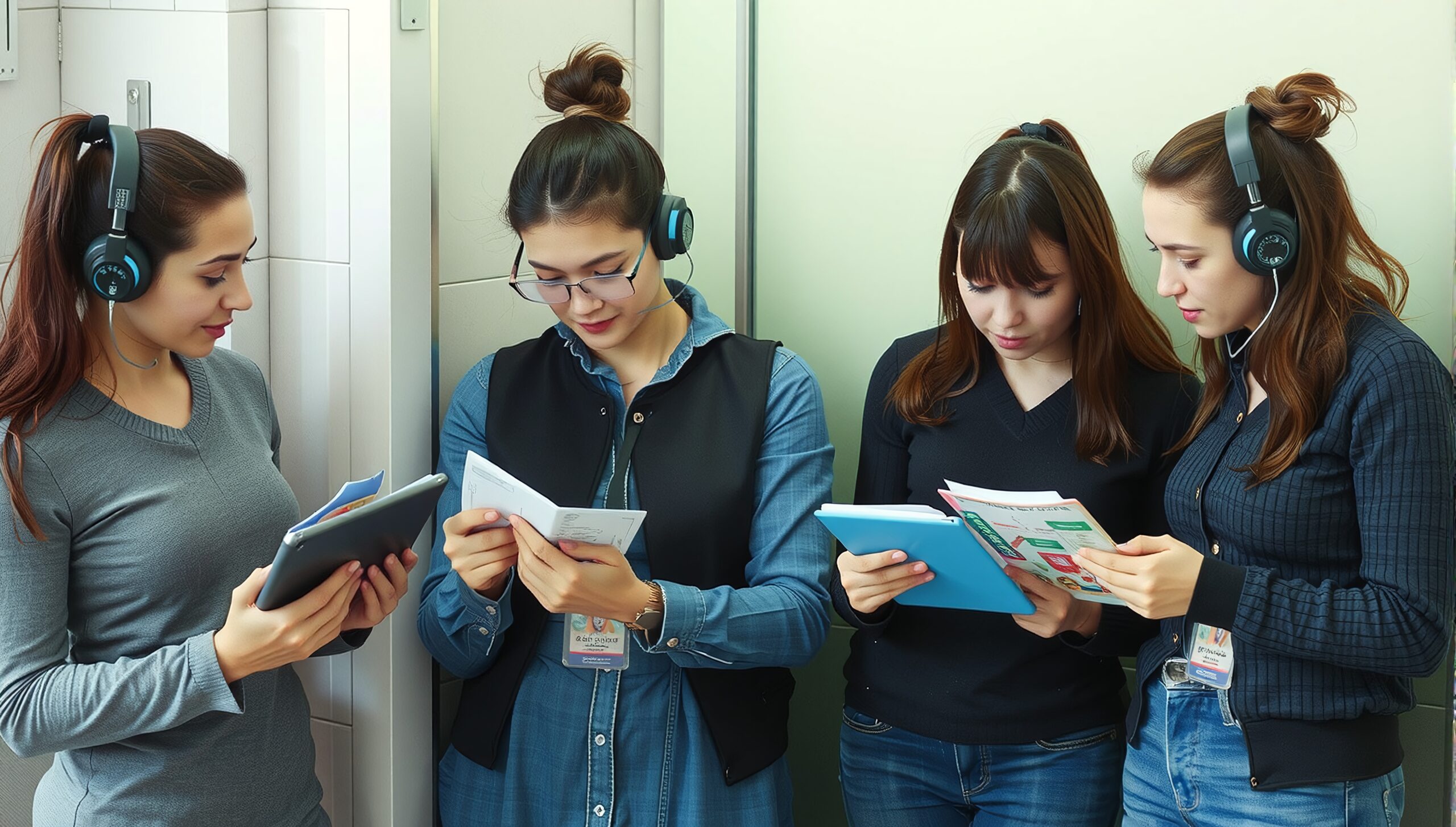 Four women wearing headphones reading educational materials in a hallway setting.