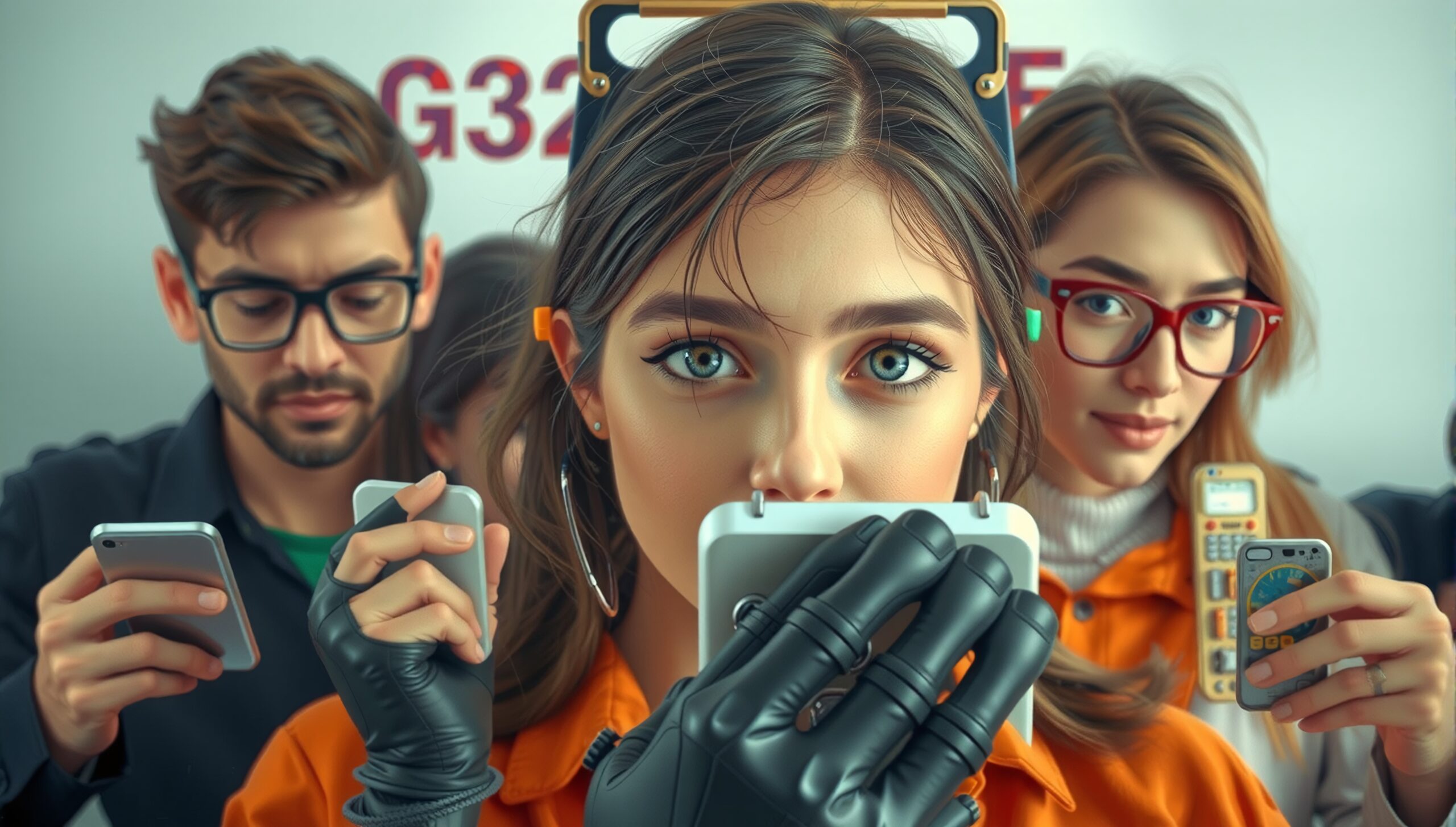 A group of people focuses intently on varying technological devices, blending modern and retro elements.