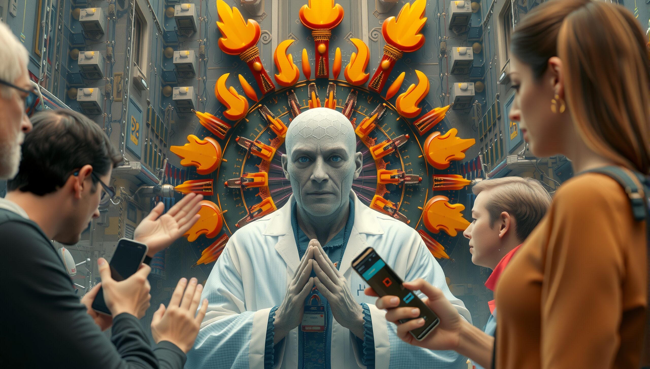 A futuristic scene with a central figure surrounded by flame-like symbols and people using smartphones, emphasizing tech and mystery.