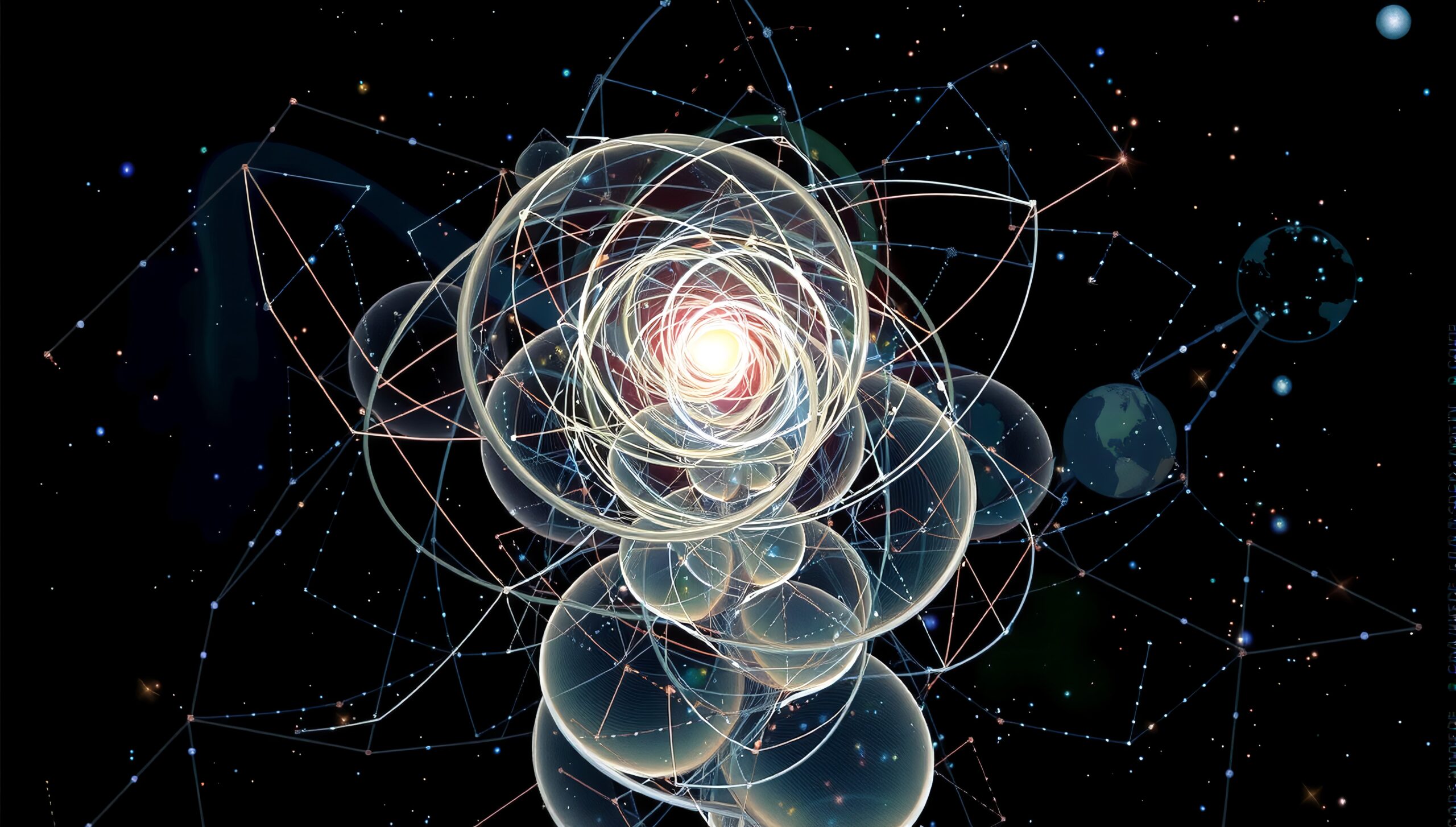 A vibrant abstract representation of cosmic spheres interconnected by geometric patterns and glowing light, depicting the universe's intricate tapestry.