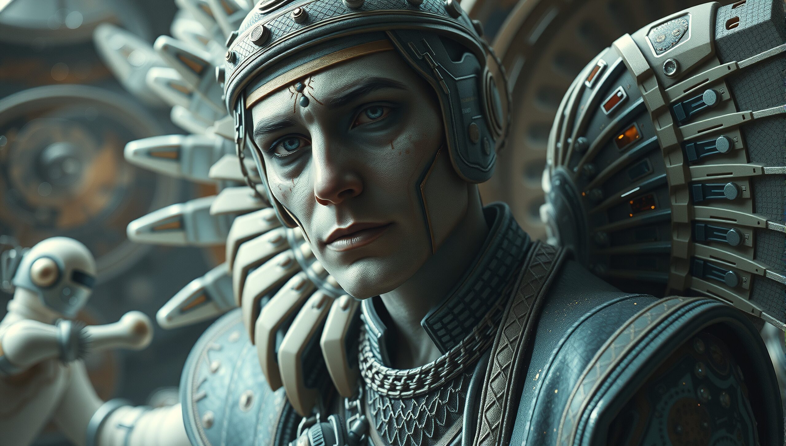 Steampunk warrior with metallic armor and a small humanoid robot companion.