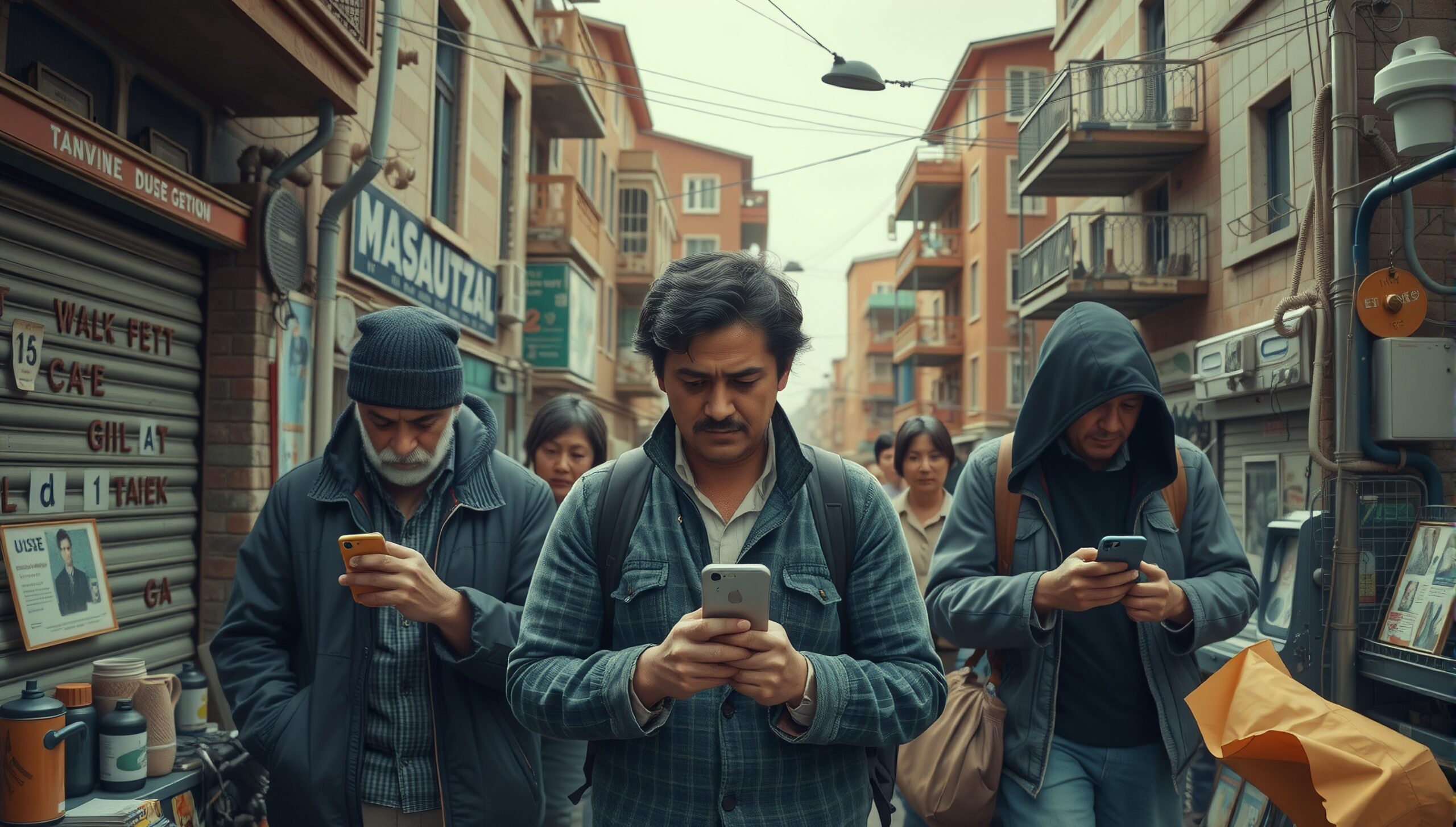 A diverse group of people engrossed in smartphones while walking down a bustling urban street.