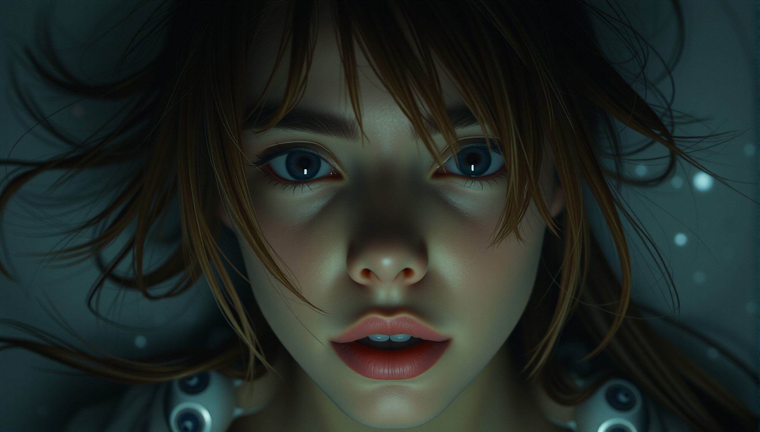 Realistic digital portrait of a woman with blue eyes, vivid expression, and dark atmospheric background.