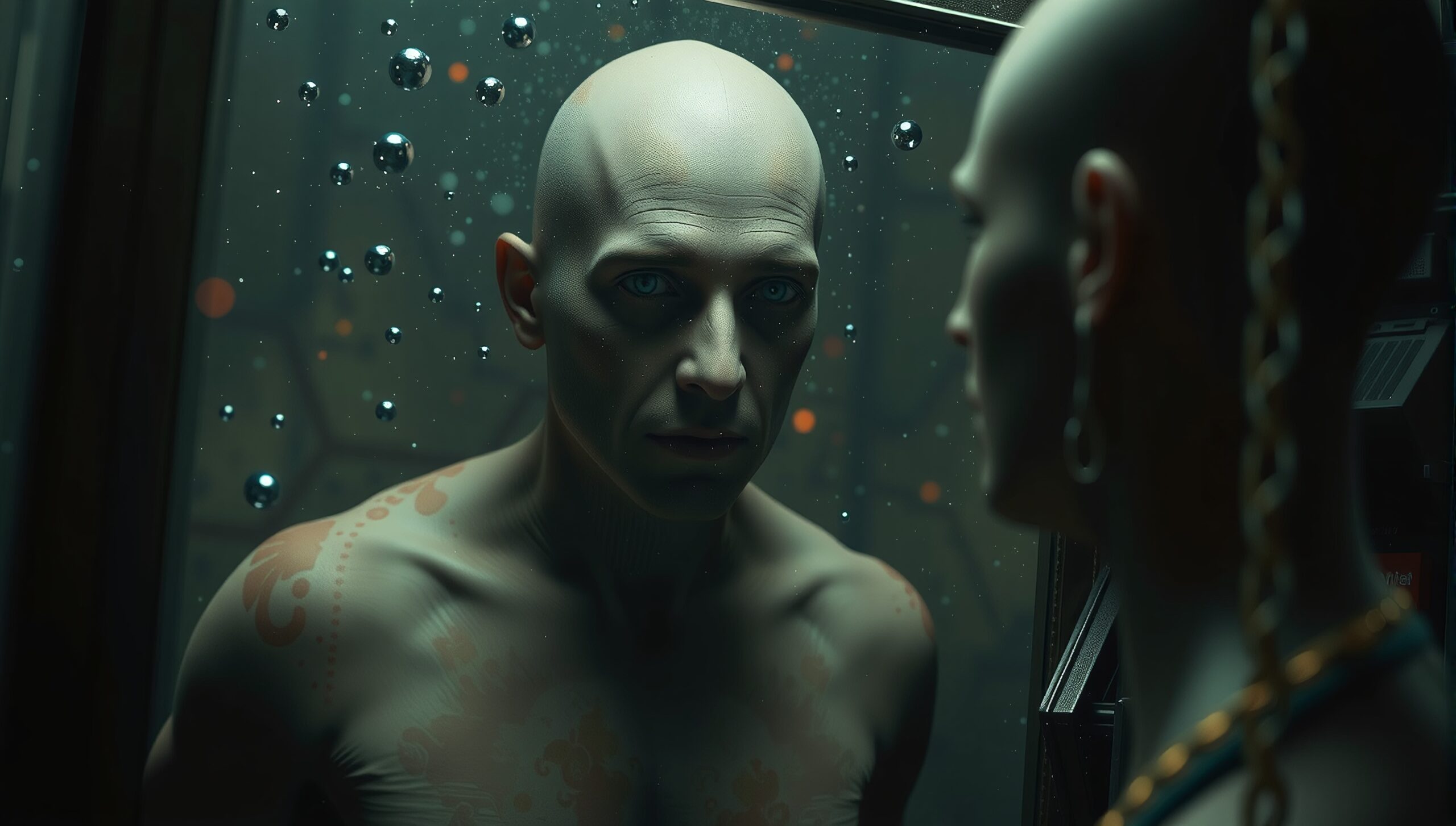A bald figure with tattoos reflects thoughtfully in a dimly lit mirror, surrounded by small floating spheres, creating an enigmatic atmosphere.