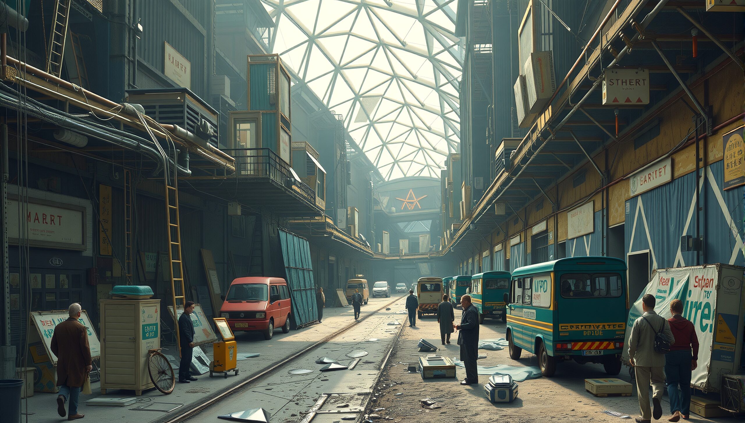 Bustling indoor urban market scene with vehicles and people.