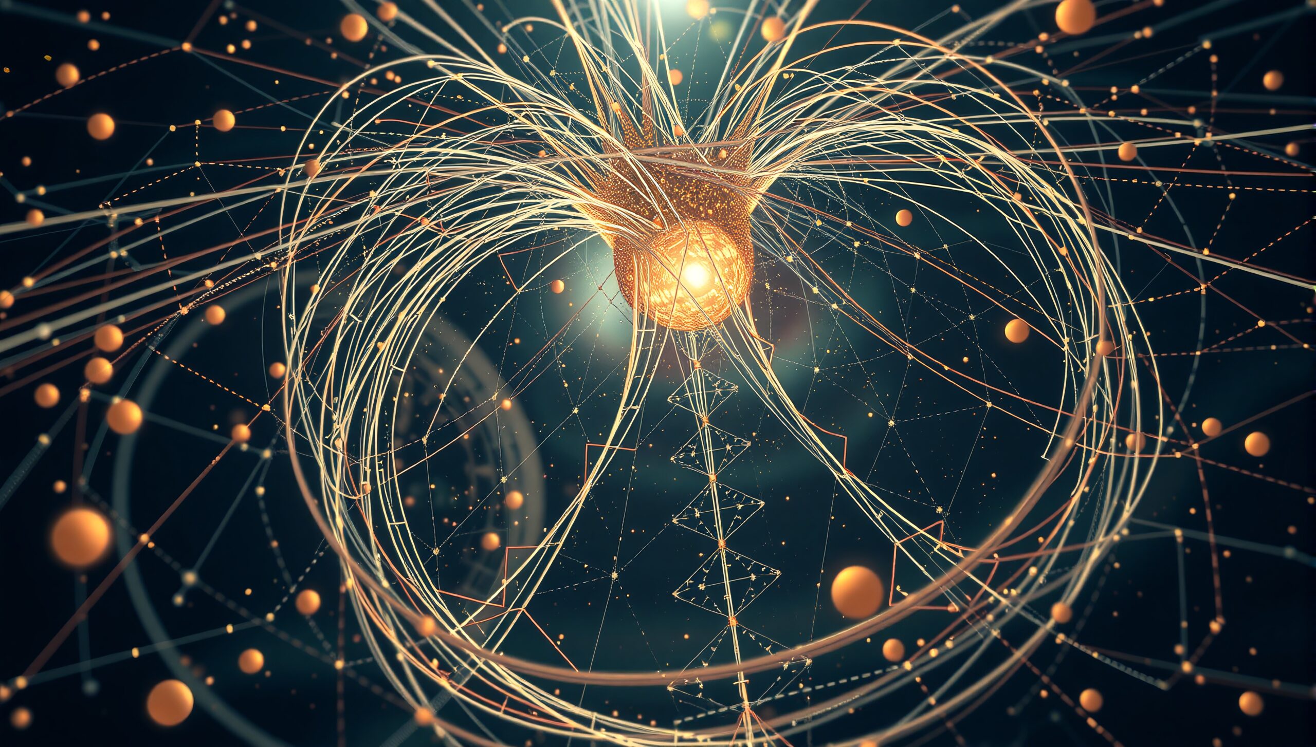 Abstract digital network visualization with glowing lines and spheres.