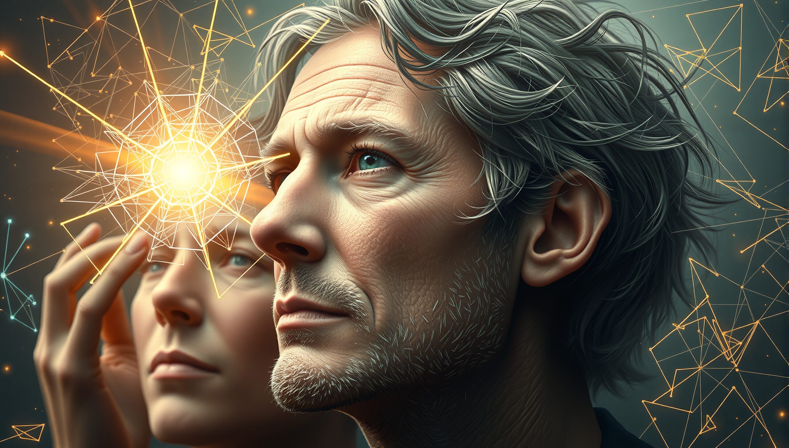 An evocative image of a middle-aged man and woman with a glowing geometric network emerging from the forehead, symbolizing the fusion of human consciousness and digital technology.