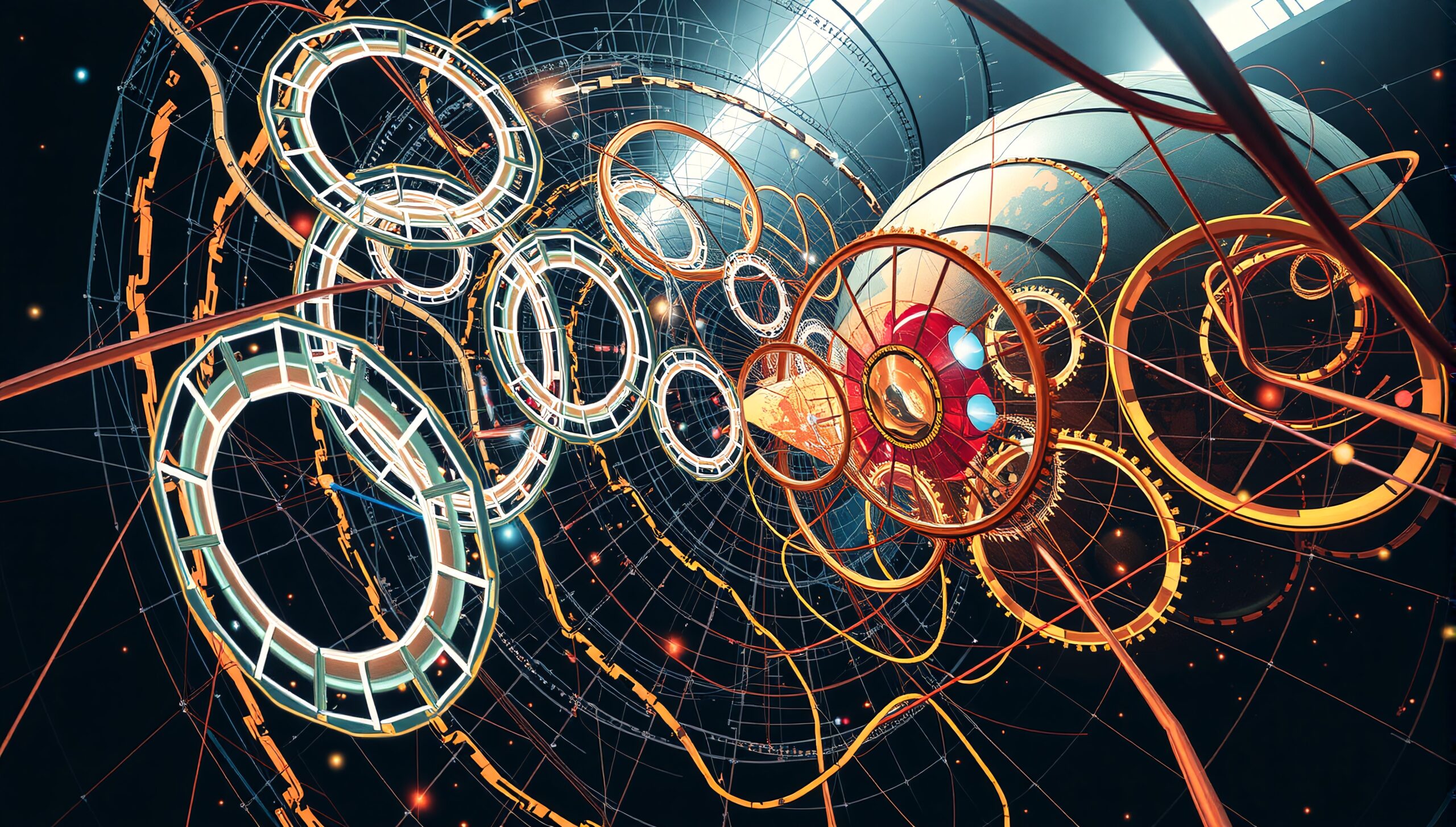 Abstract digital gears in space; vivid orange, blue, white.