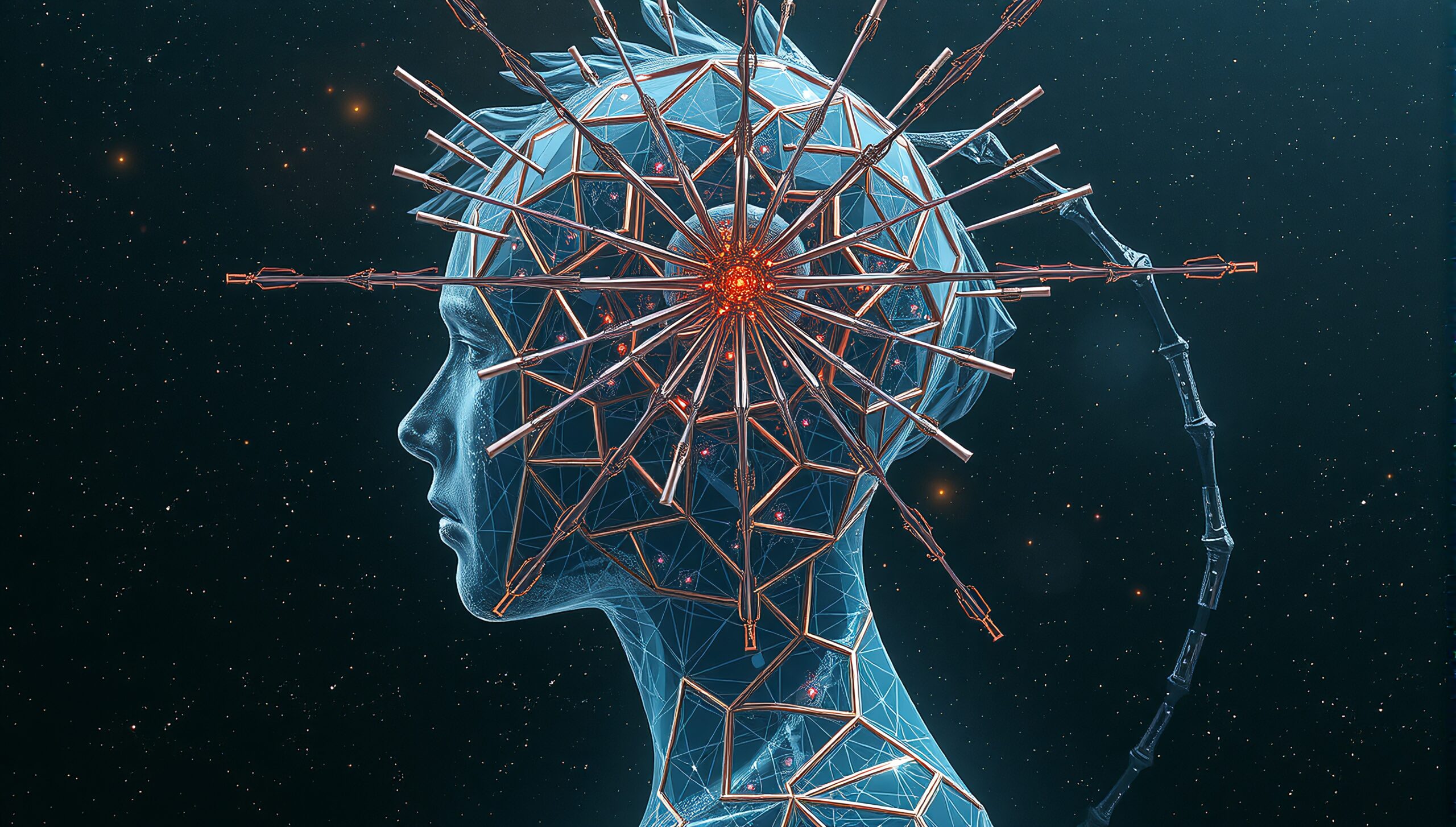 "Futuristic depiction of a human head with geometric and circuitry elements against a cosmic backdrop."
