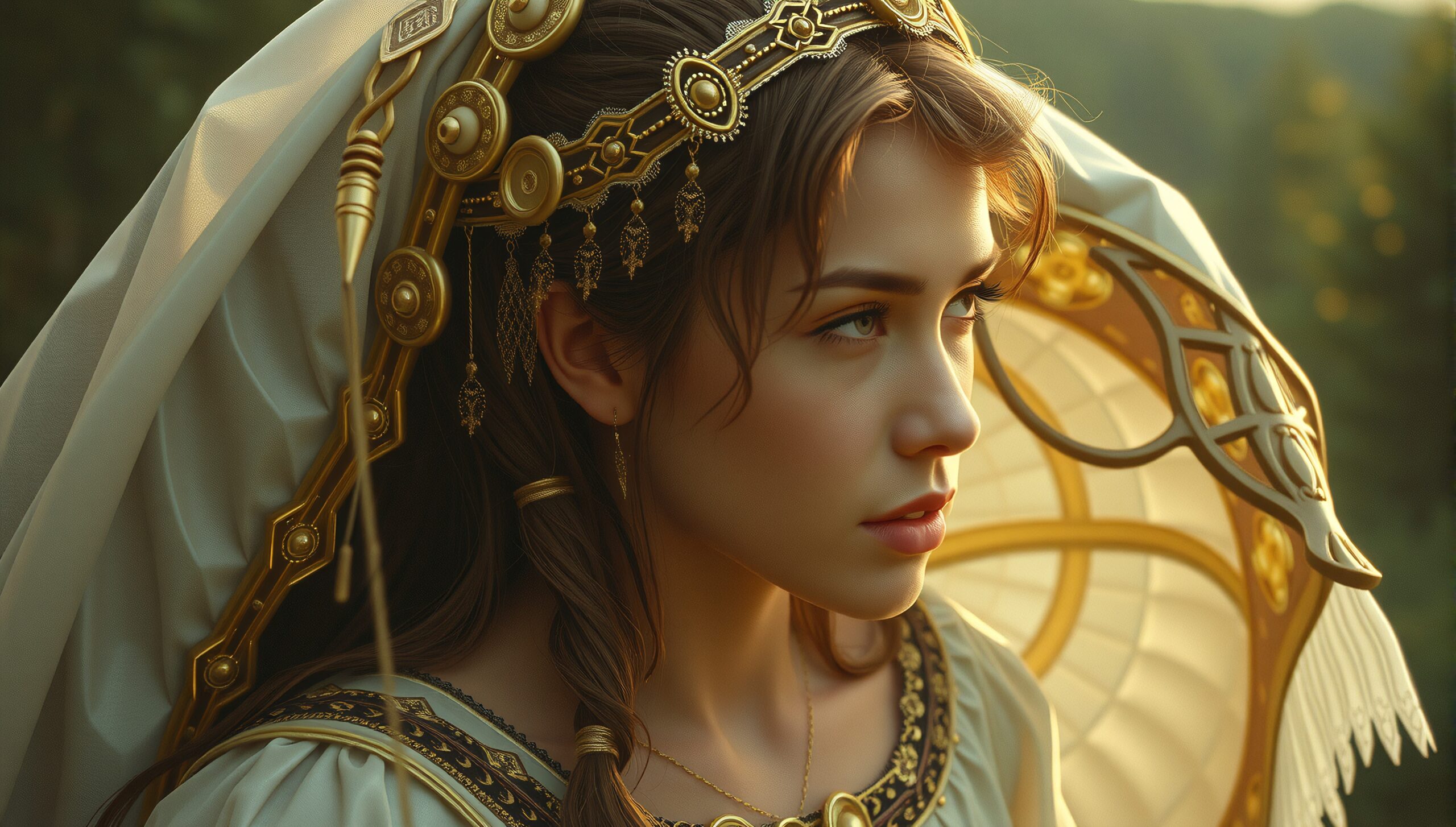 A young woman adorned with golden, ornate jewelry is illuminated by soft sunlight in a serene, natural setting, exuding timeless elegance and grace.