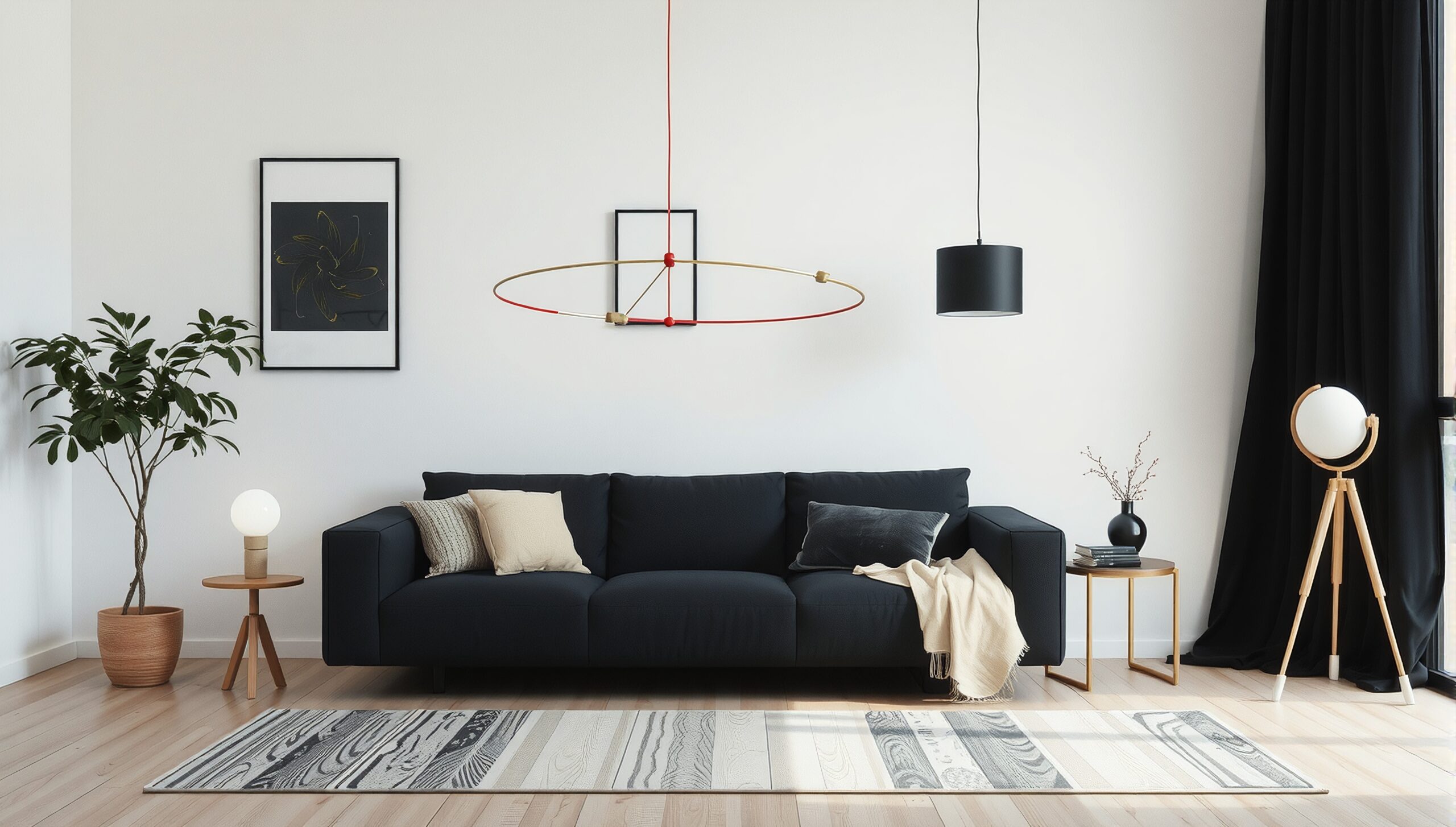 Modern living room with black sofa, pendant light, and decor.