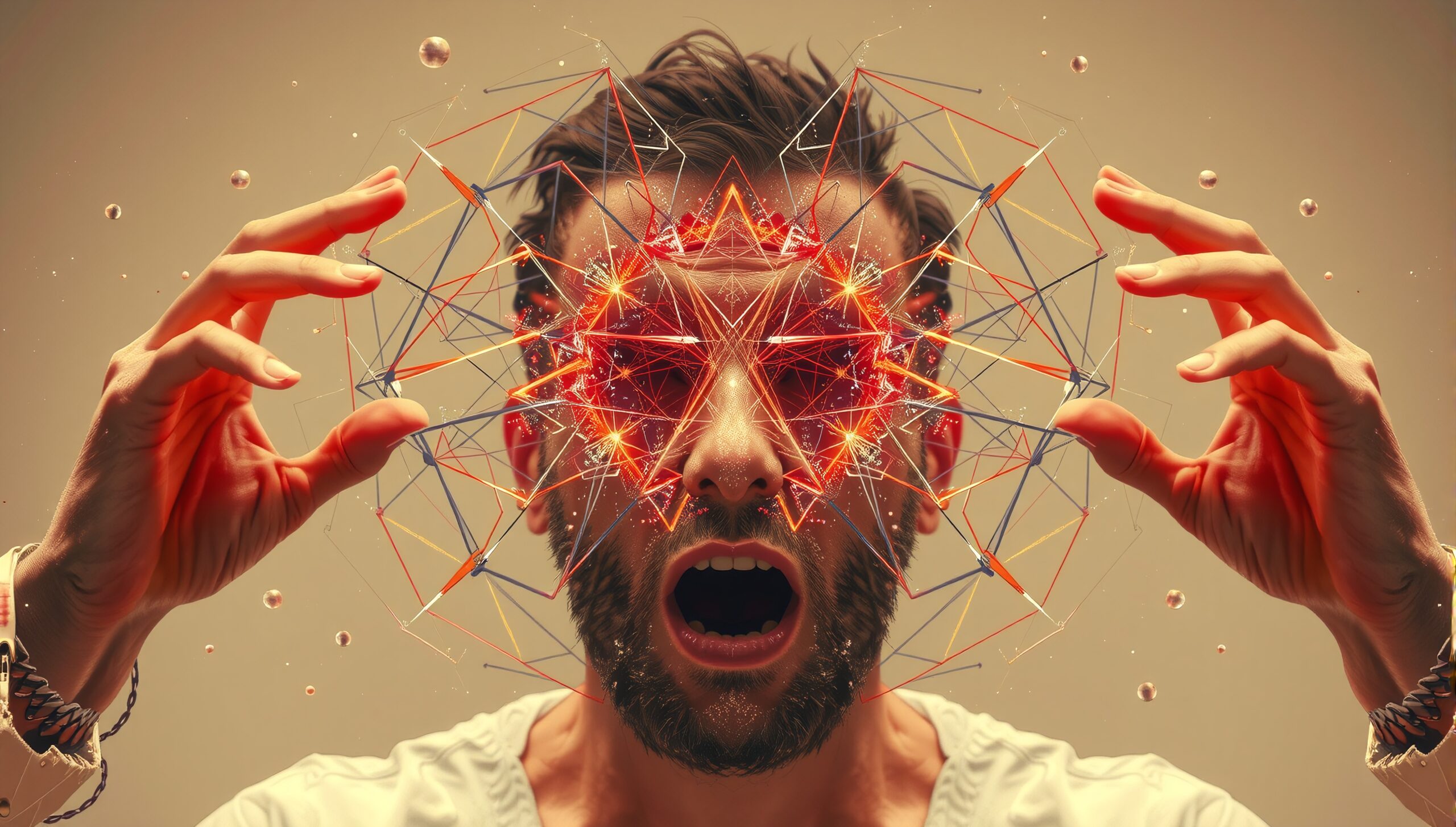 A man with abstract geometric patterns over his eyes, surrounded by glowing lines, representing technological or cognitive themes.