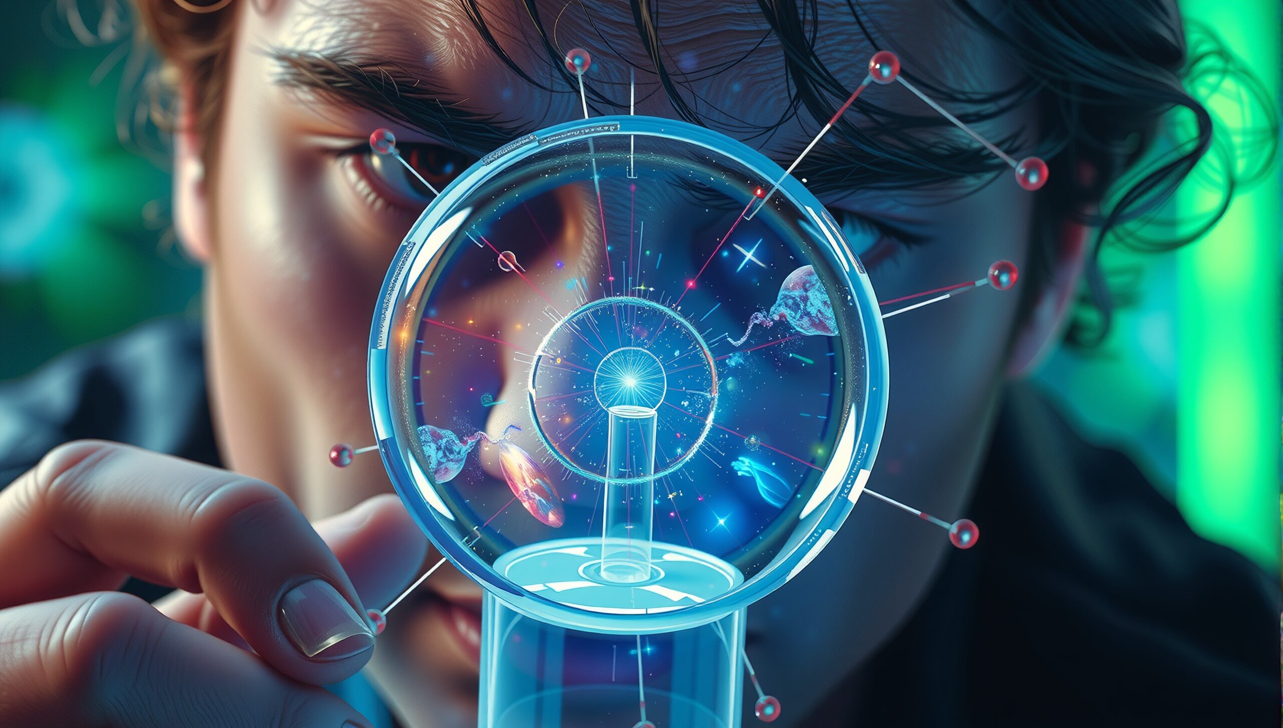 A person examines cosmic elements through a magnifying lens, reflecting vibrant scientific exploration.