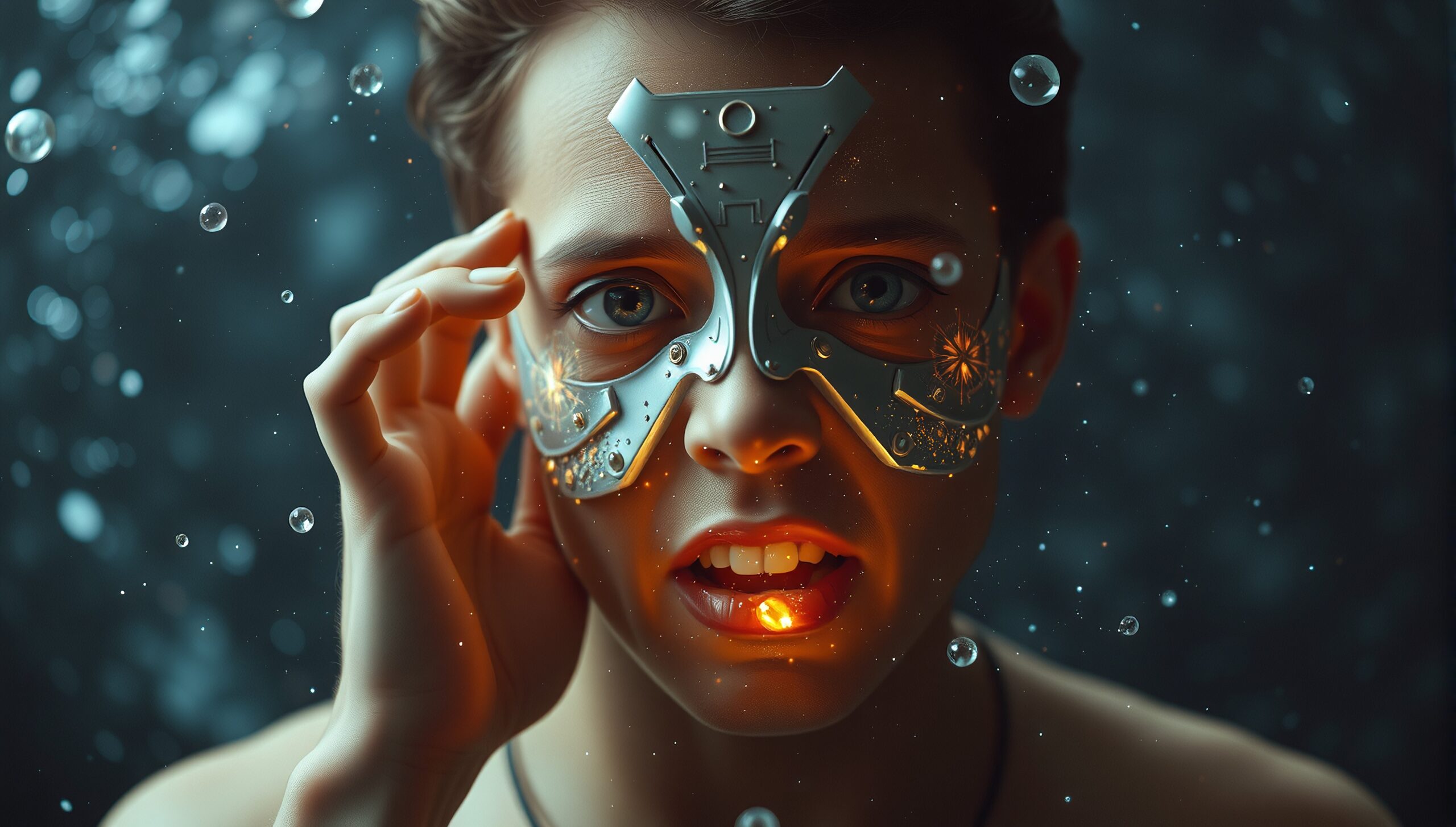 A futuristic, masked person with glowing elements surrounded by floating bubbles.