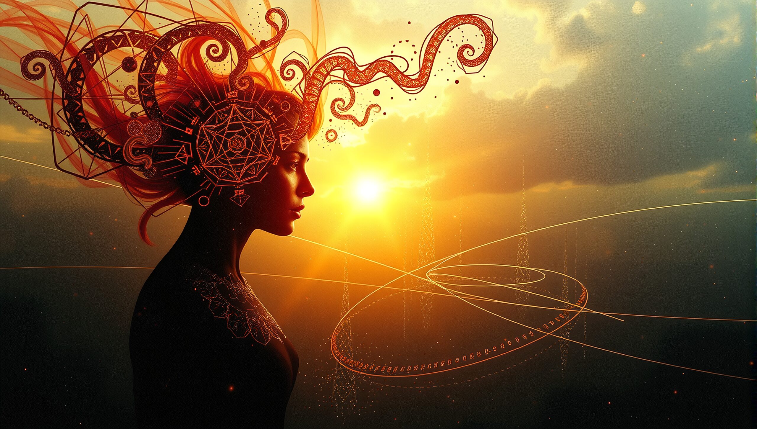 A silhouetted figure against a sunset sky with surreal, geometric hair designs.