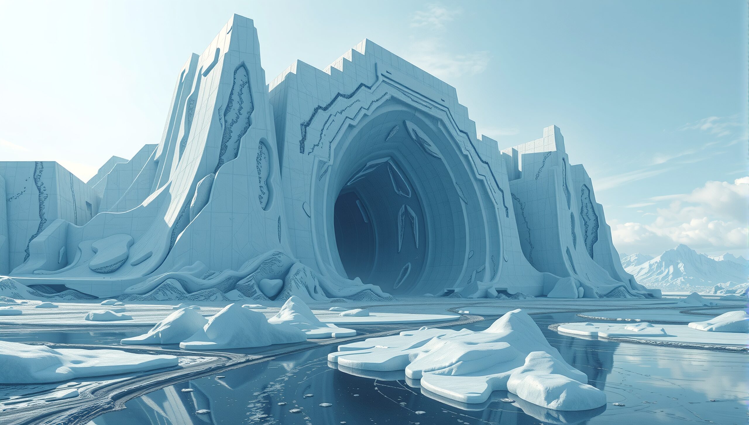 A vast icy structure with a tunnel entrance surrounded by ice floes and mountains.