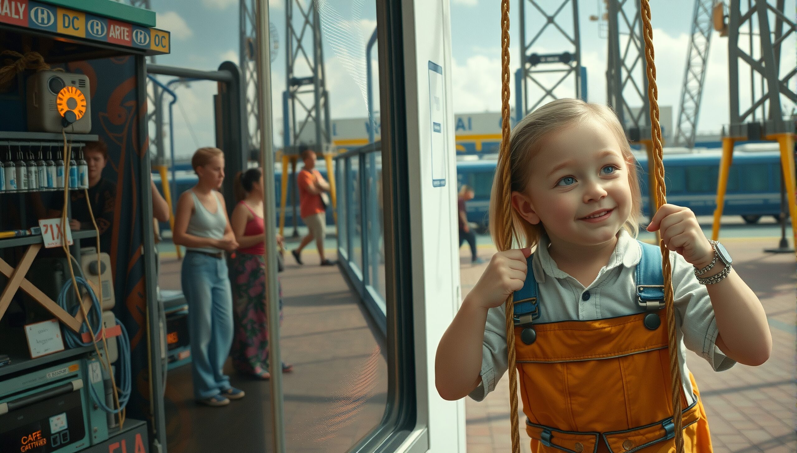 A smiling girl in orange overalls swings happily at a busy train station on a sunny day.