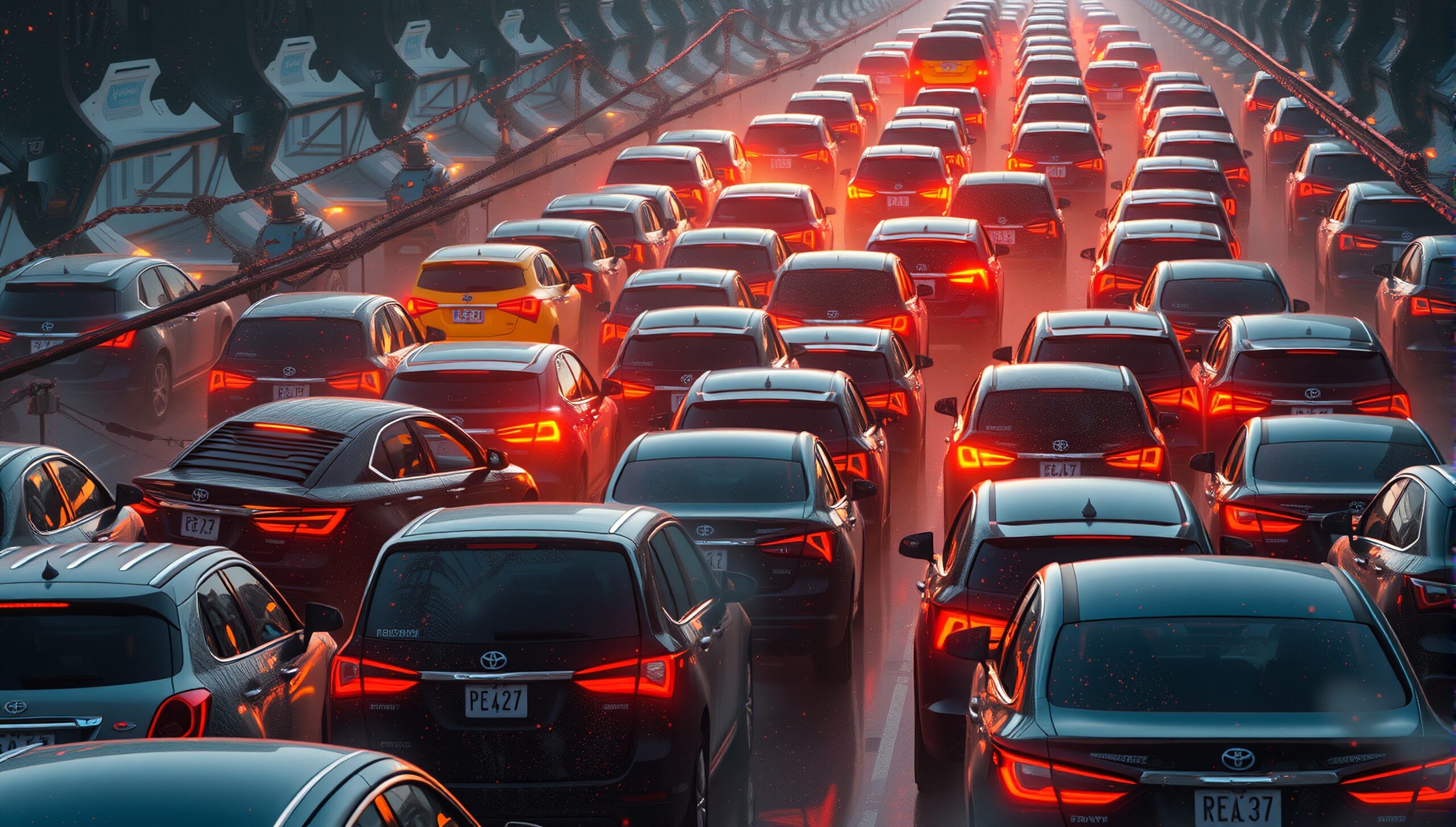 A line of cars stuck in heavy traffic on a busy city highway during peak hours, with glowing brake lights on display.