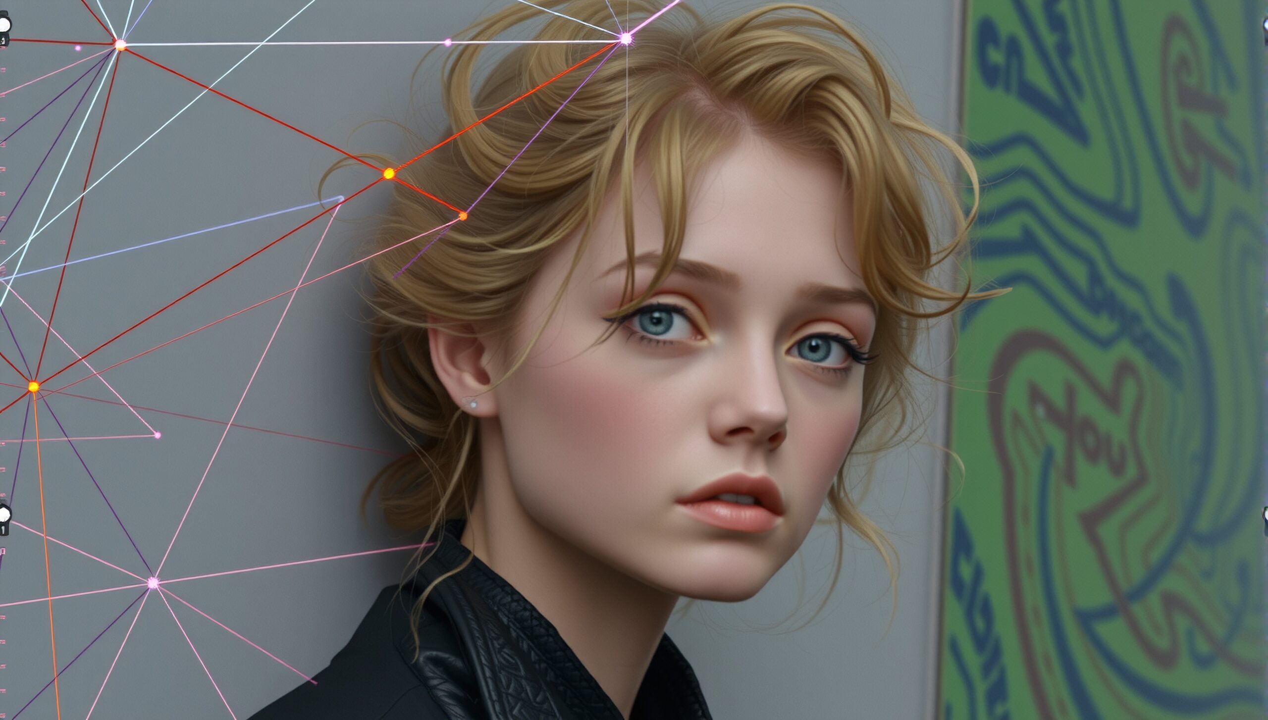Young woman with blonde hair and serene expression, abstract mural background.