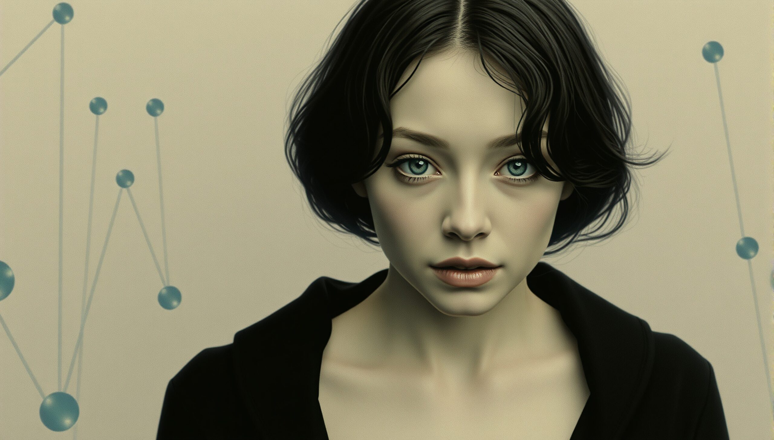 A young person with short dark hair and blue eyes against a beige background with blue spheres.