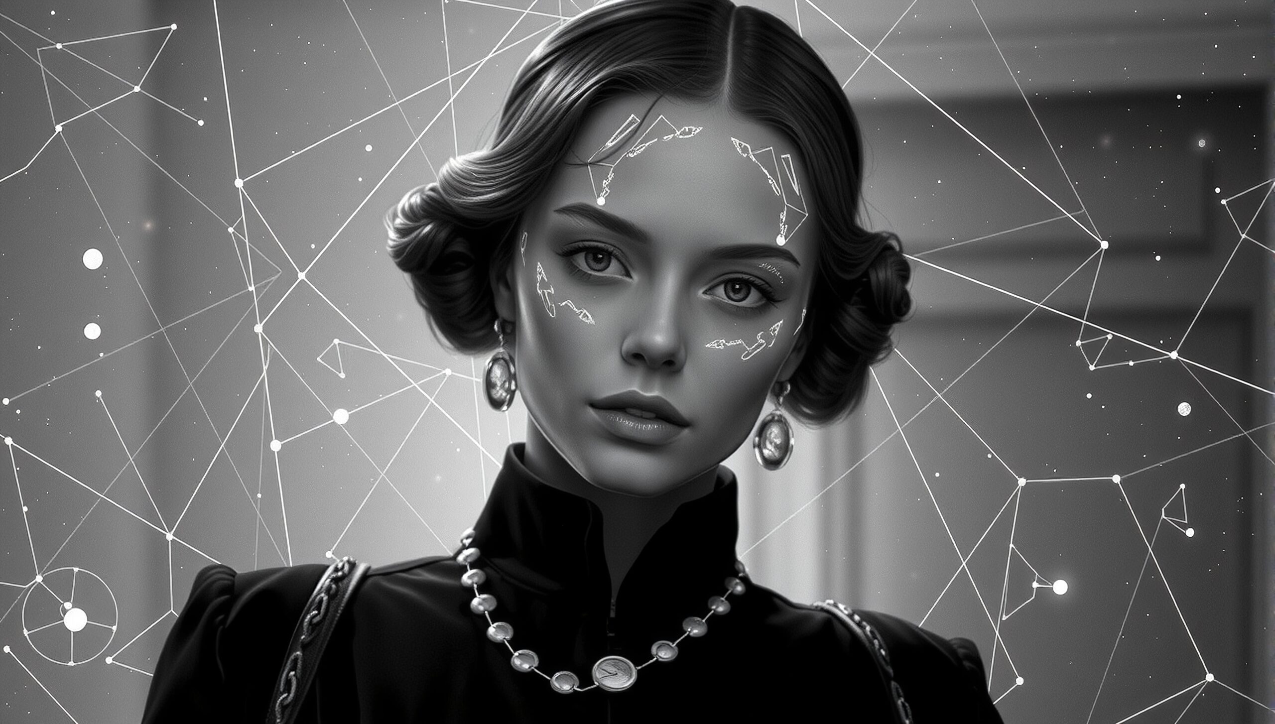 Grayscale portrait of woman with celestial constellation backdrop and elegant jewelry.