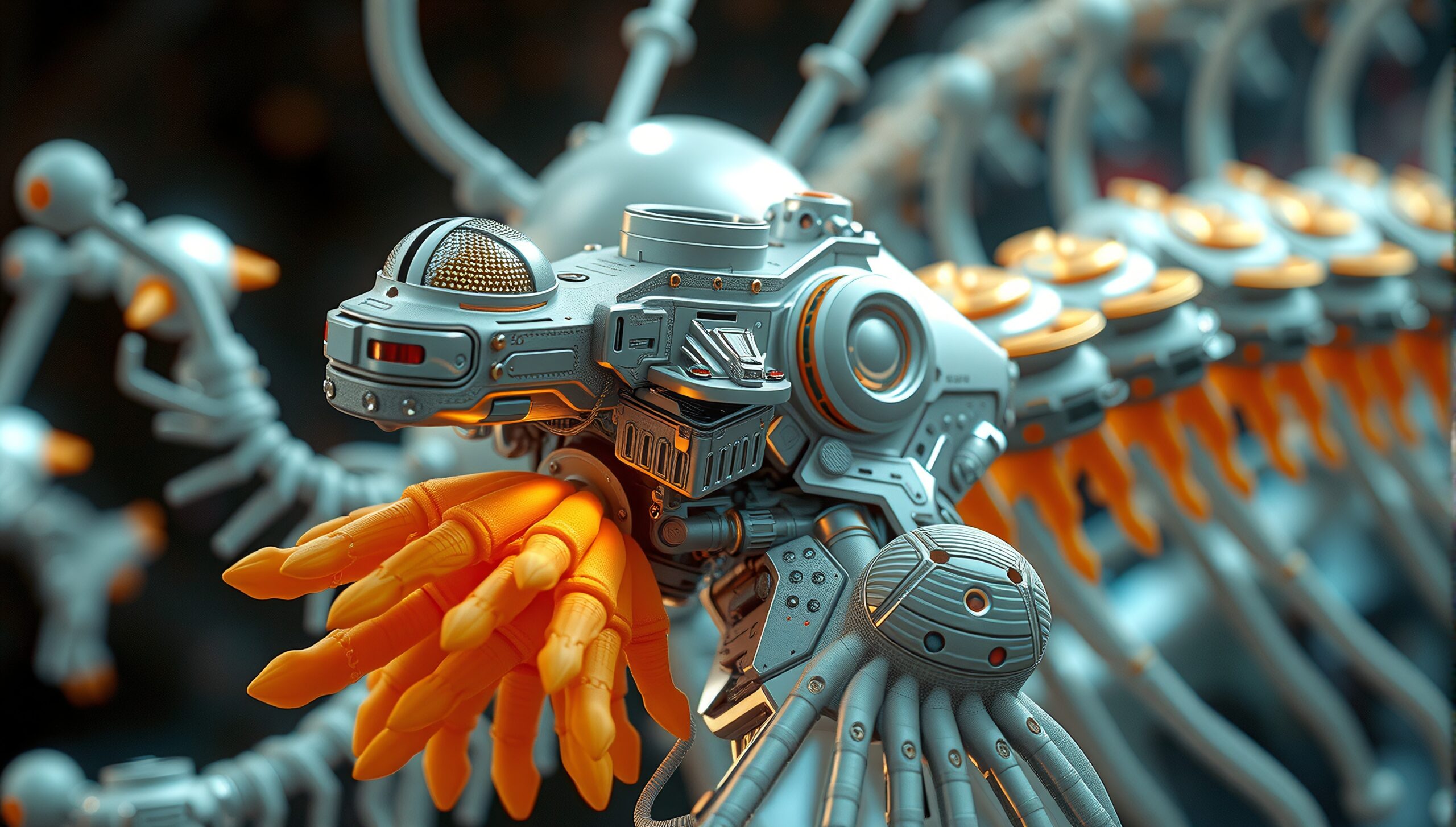 A futuristic robotic creature with advanced mechanical appendages, featuring silver and orange design elements.