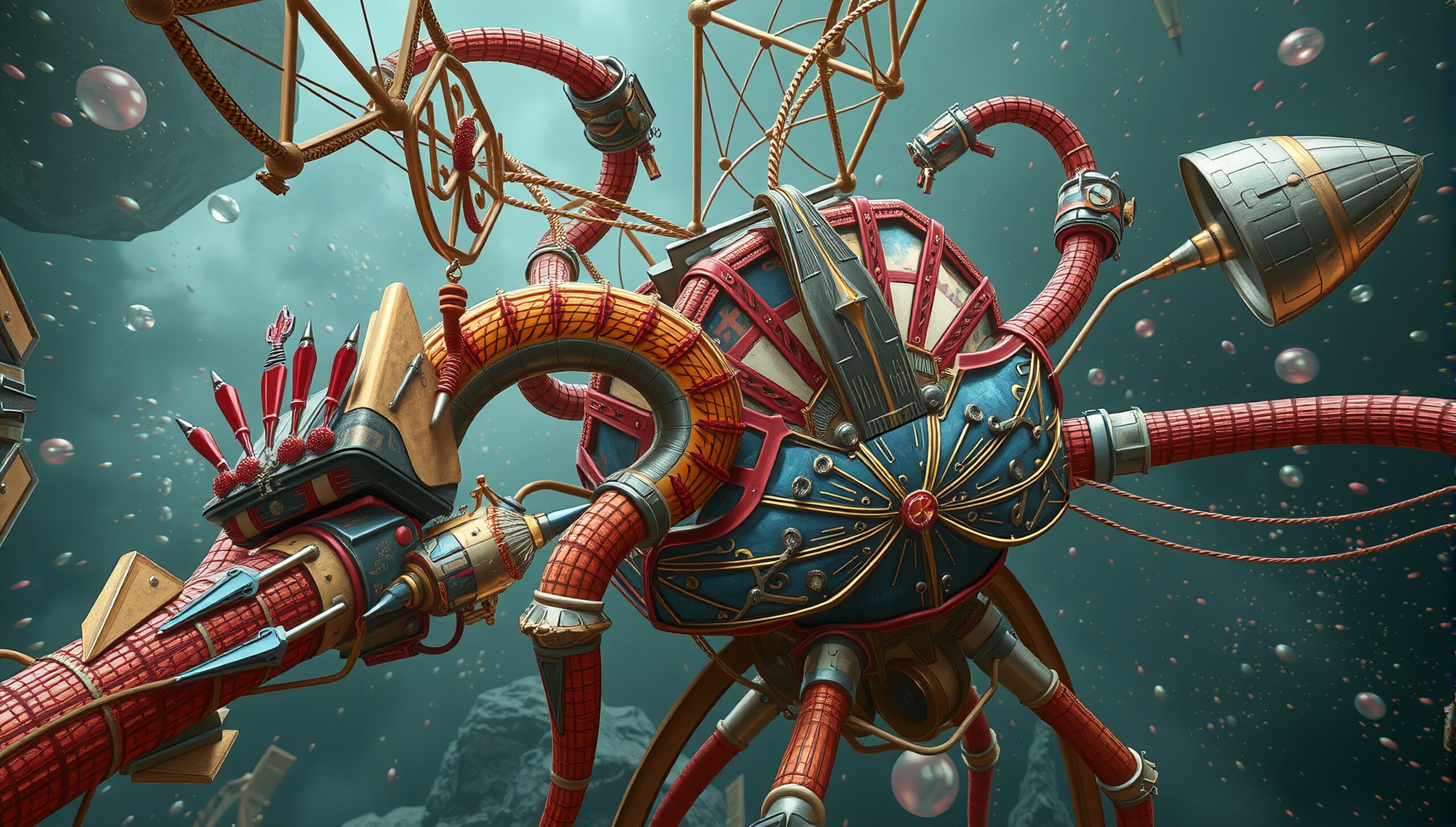 A steampunk machine with tubes and gears set in an underwater environment.