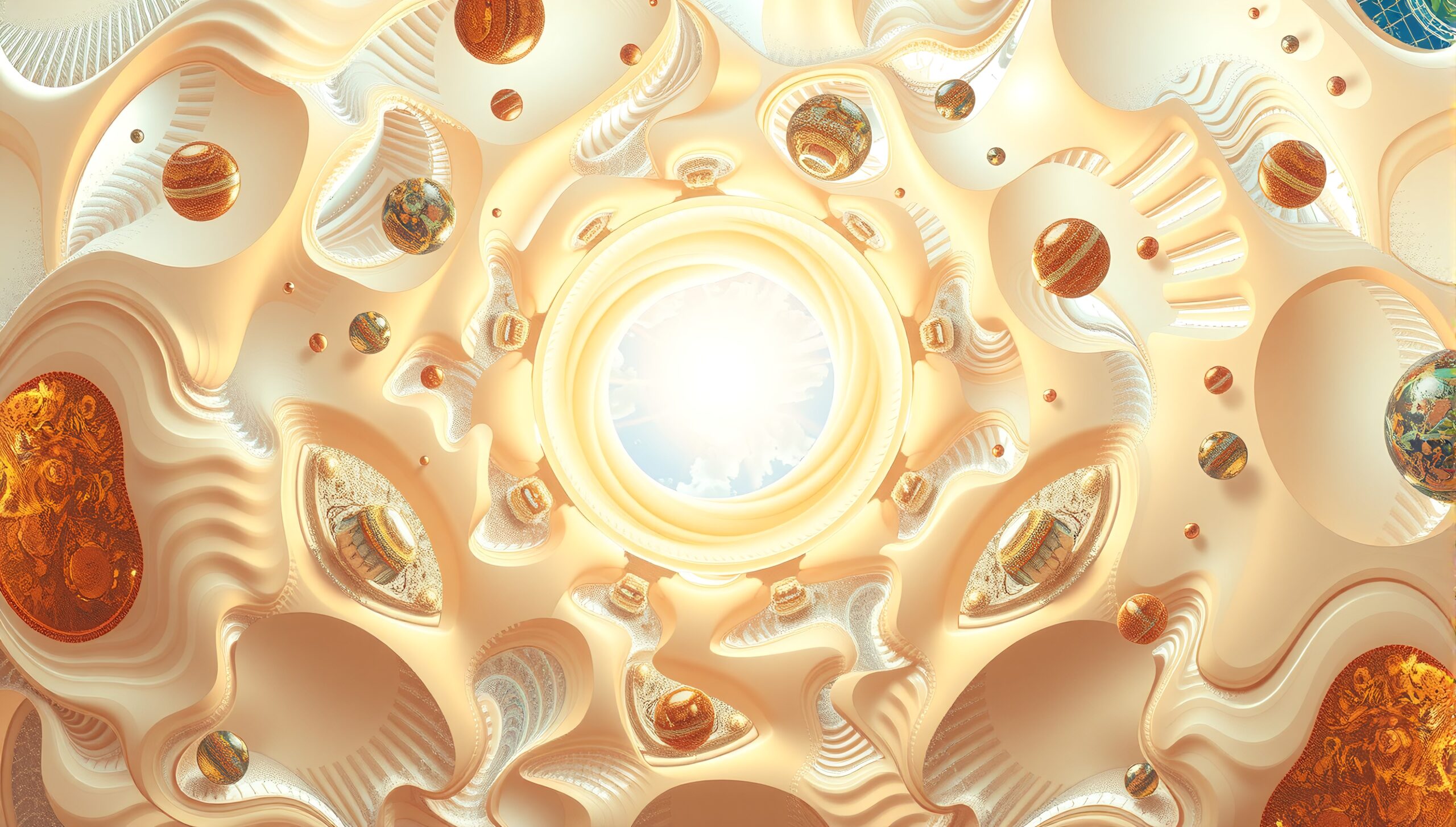Ambient abstract scene with swirling shapes and glowing sphere capturing cosmic essence.